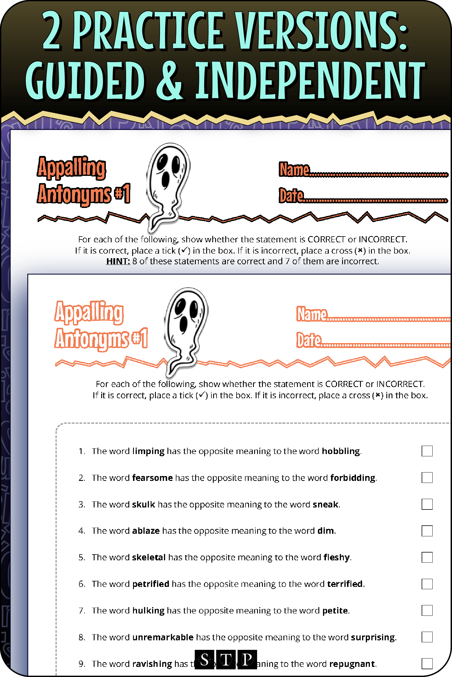 A 'look inside' preview showing the two differentiated worksheets: Version 1 (Guided Practice) with hints and Version 2 (Independent Practice).