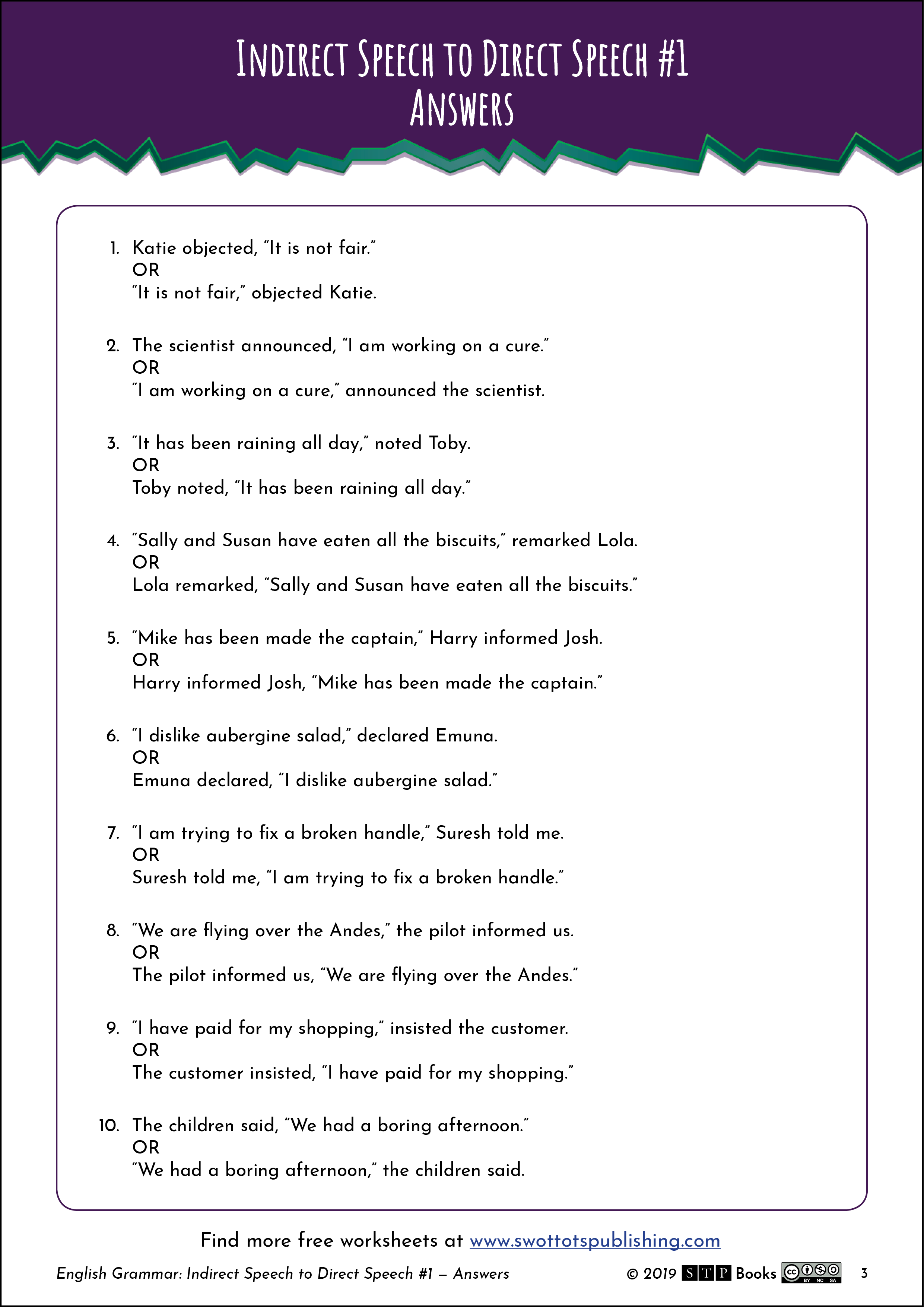 indirect to direct speech worksheet pdf