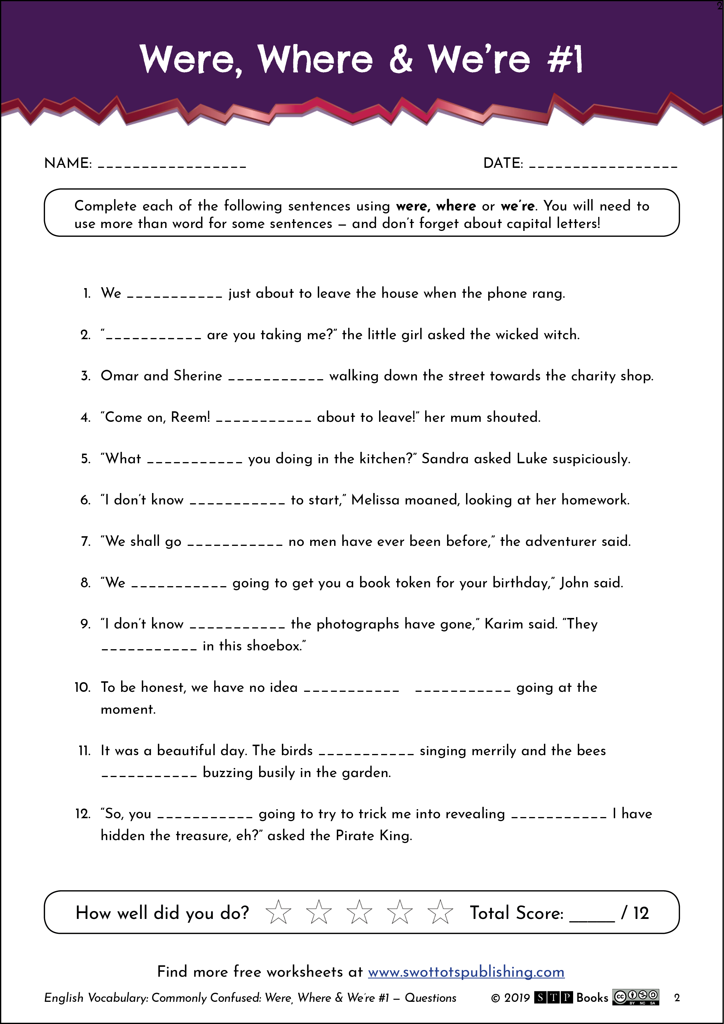 Free Printable English Worksheets for Was/Were Practice