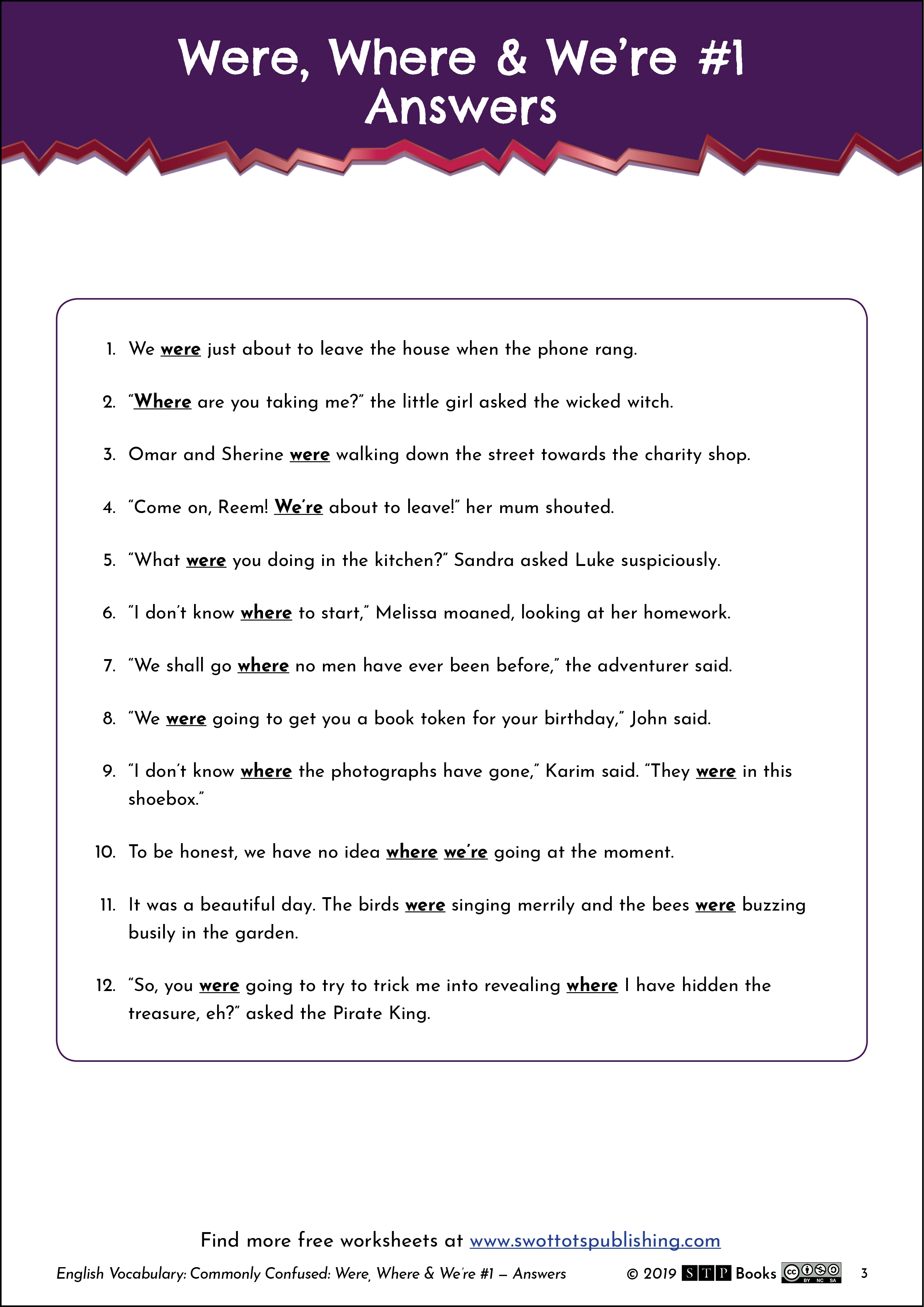 Free English Worksheet Vocabulary Were Where Were Answers 01 STP Books.png