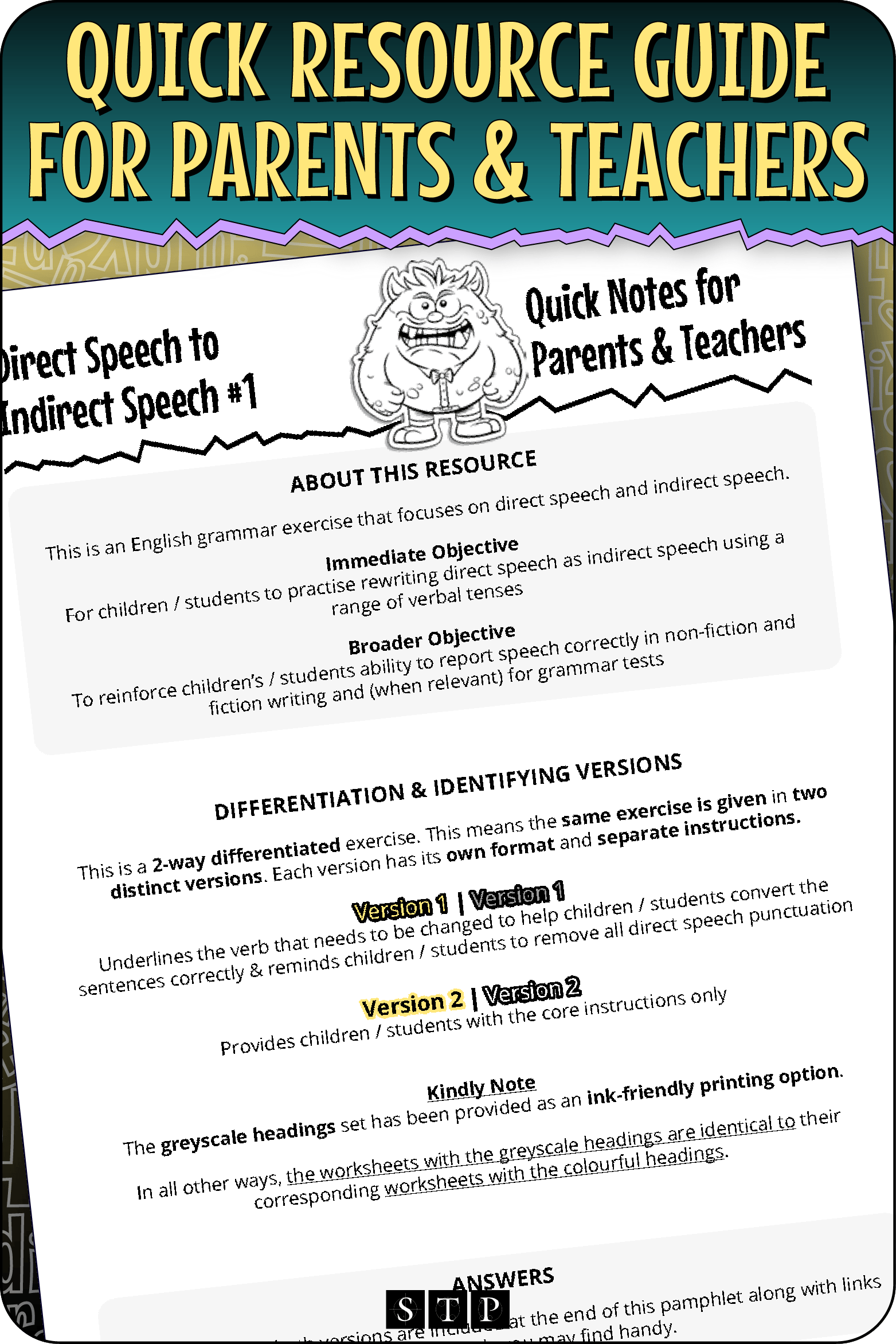 A 'look inside' preview highlighting the 'Quick Resource Guide for Parents & Teachers' included with the worksheets which explains the resource's learning objectives and differentiated versions.