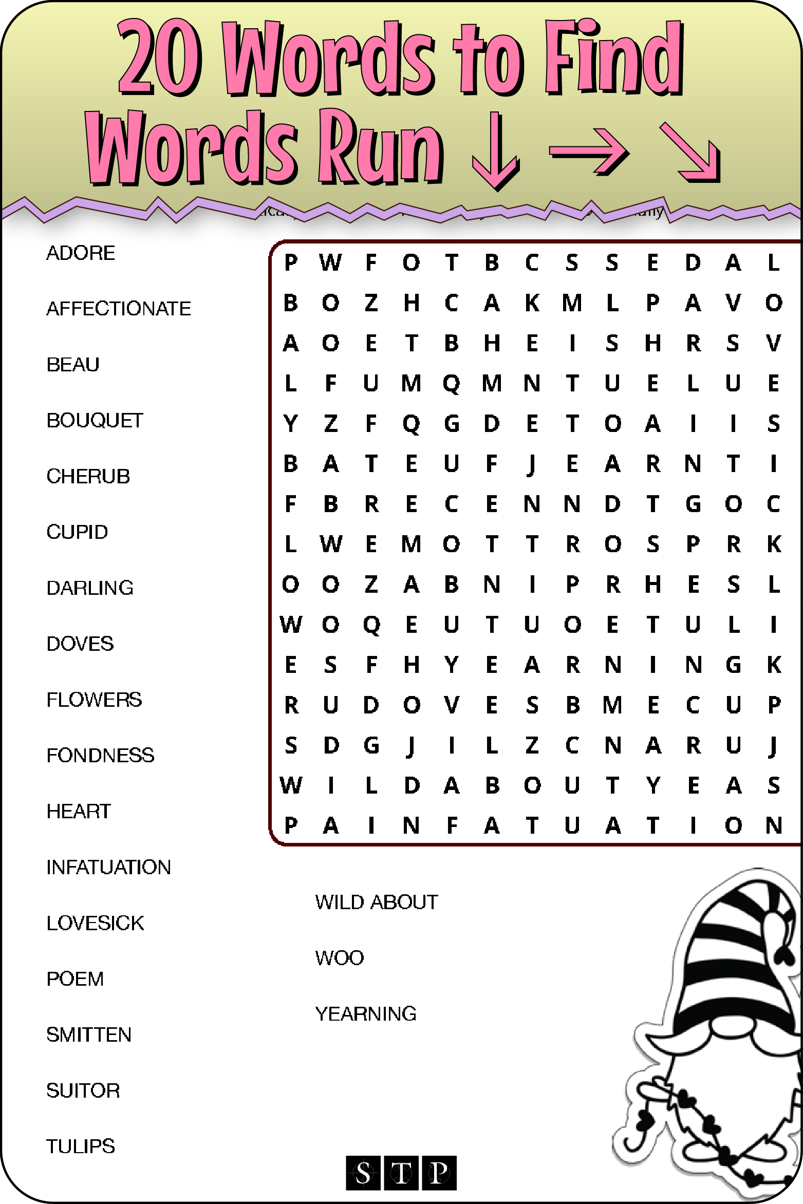 A 'look inside' preview showing the total number of words to find and the directions that the words take in the grid of the 'St Valentine's Day' word search puzzle.