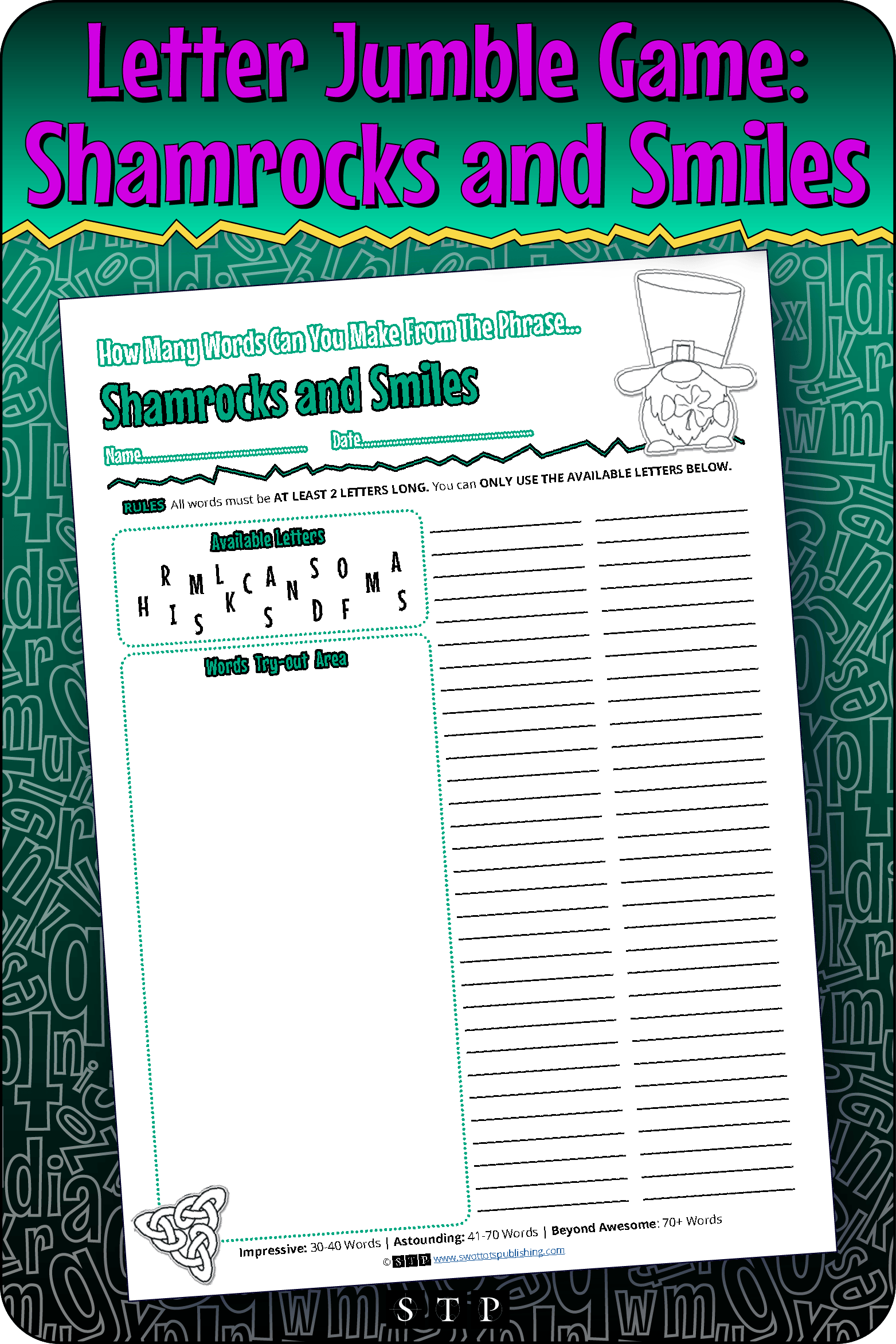 A mock-up of the 'Shamrocks and Smiles' (Version 1) letter jumble, a free word game for download.