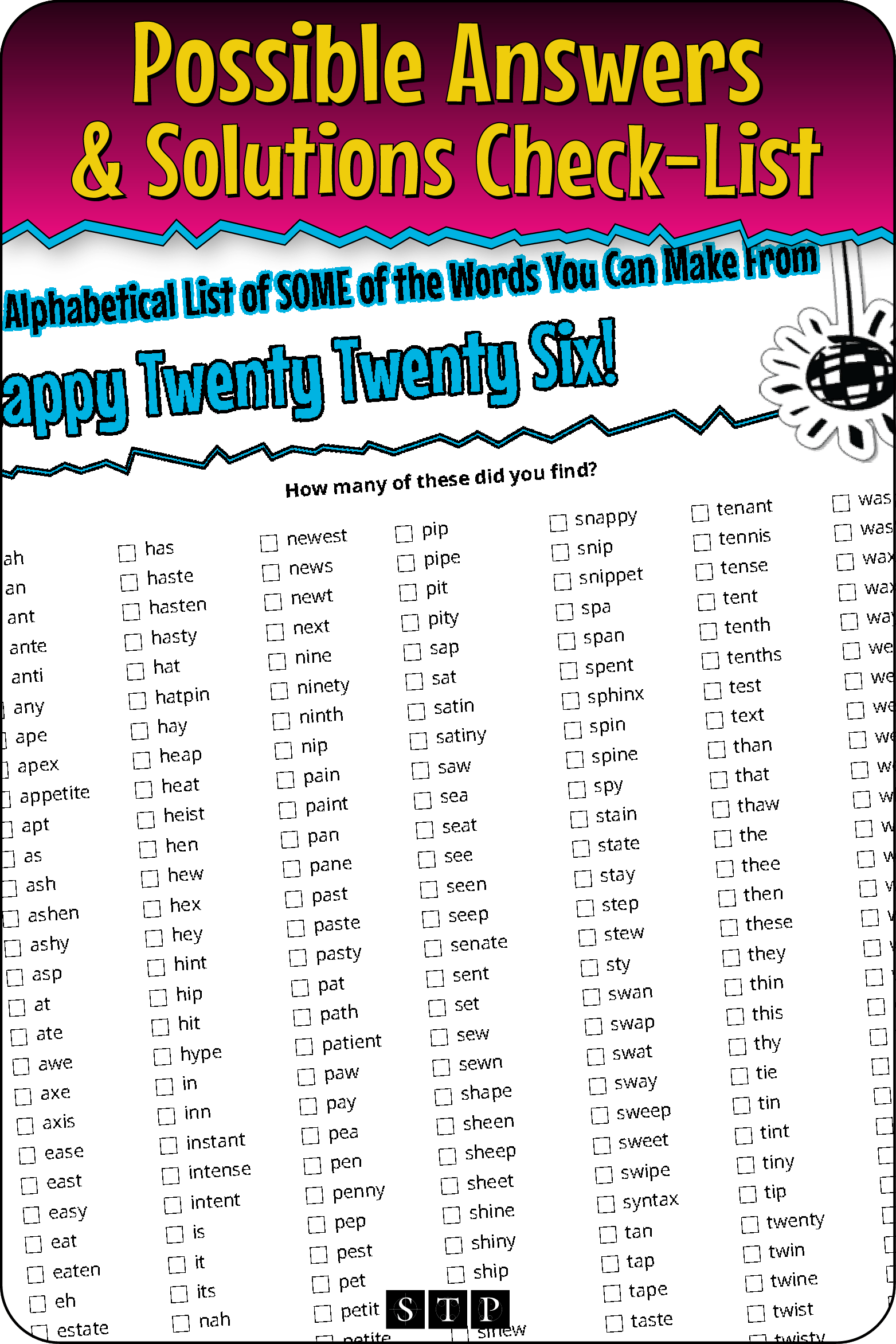 A 'look inside' preview showing a list of possible solutions for the 'Happy Twenty Twenty Six' letter jumble