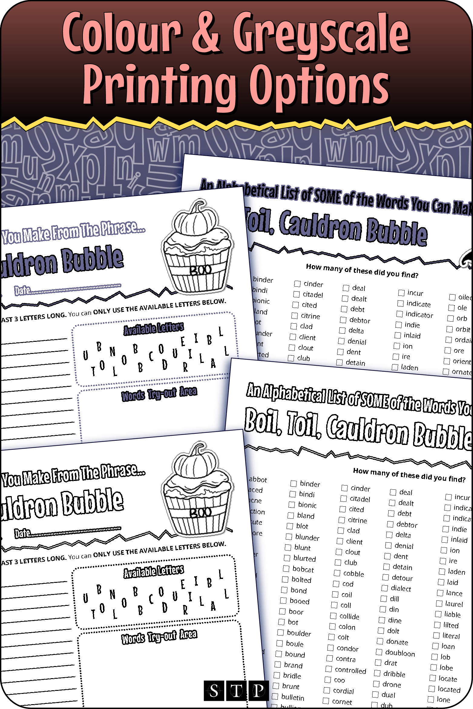 A 'look inside' preview showing the resource is available in both colour-accented and ink-friendly greyscale printing options.