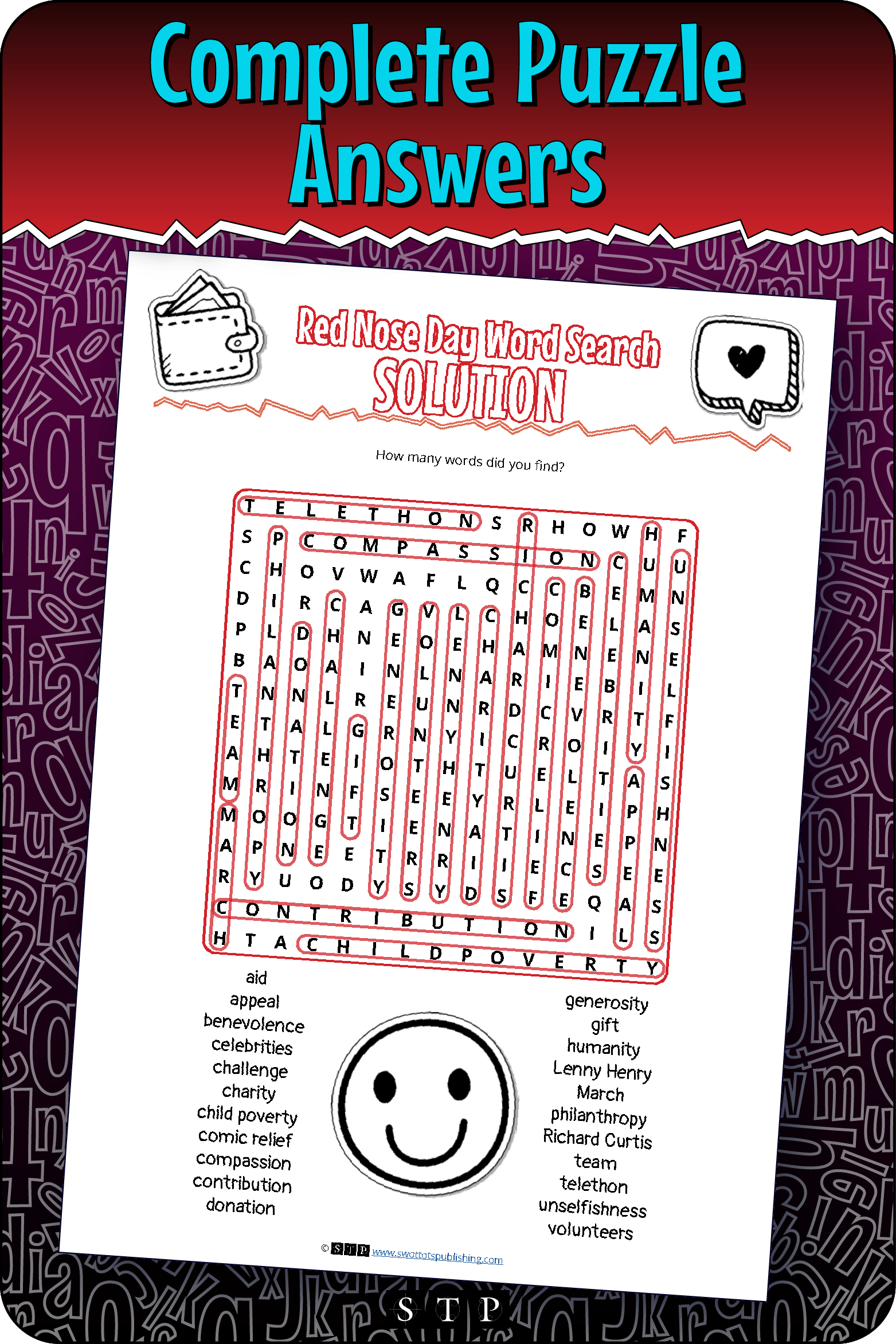 A 'look inside' preview showing the complete Red Nose Day word search puzzle answers.