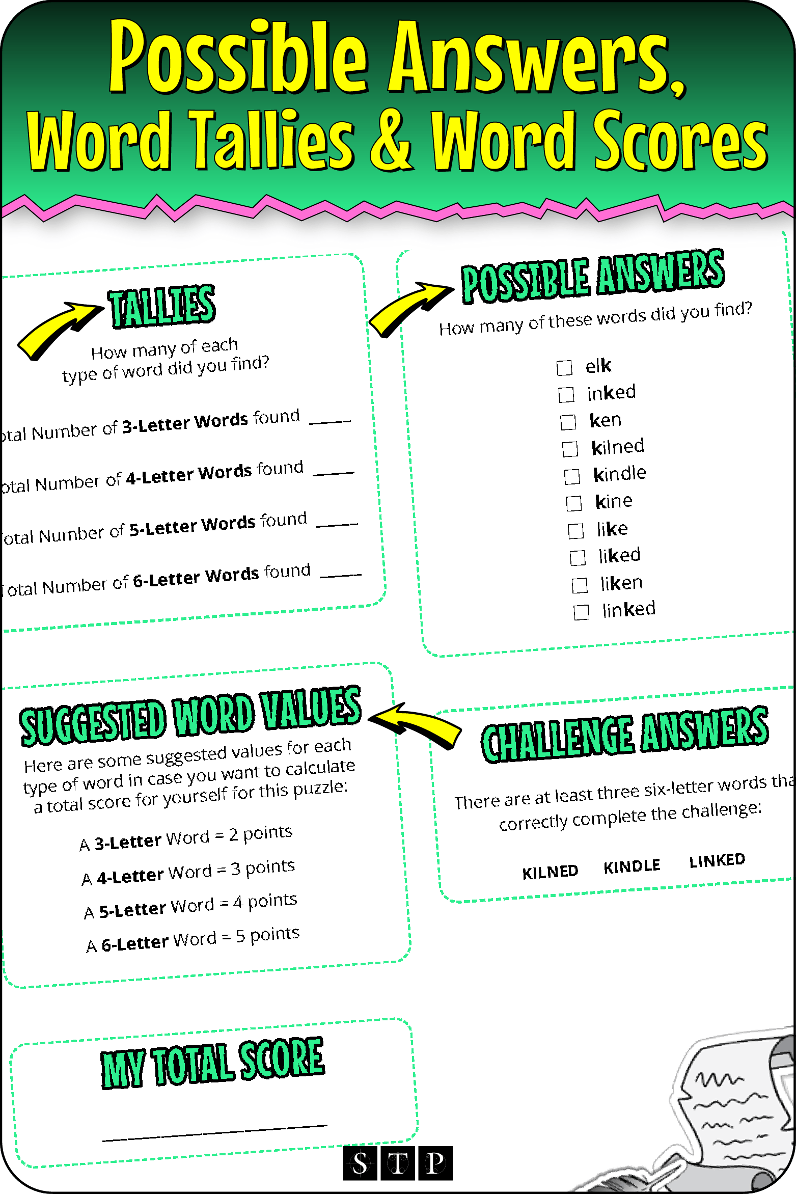 A 'look inside' preview highlighting the key features of the second page of the 'KLDENI' word wheel puzzle