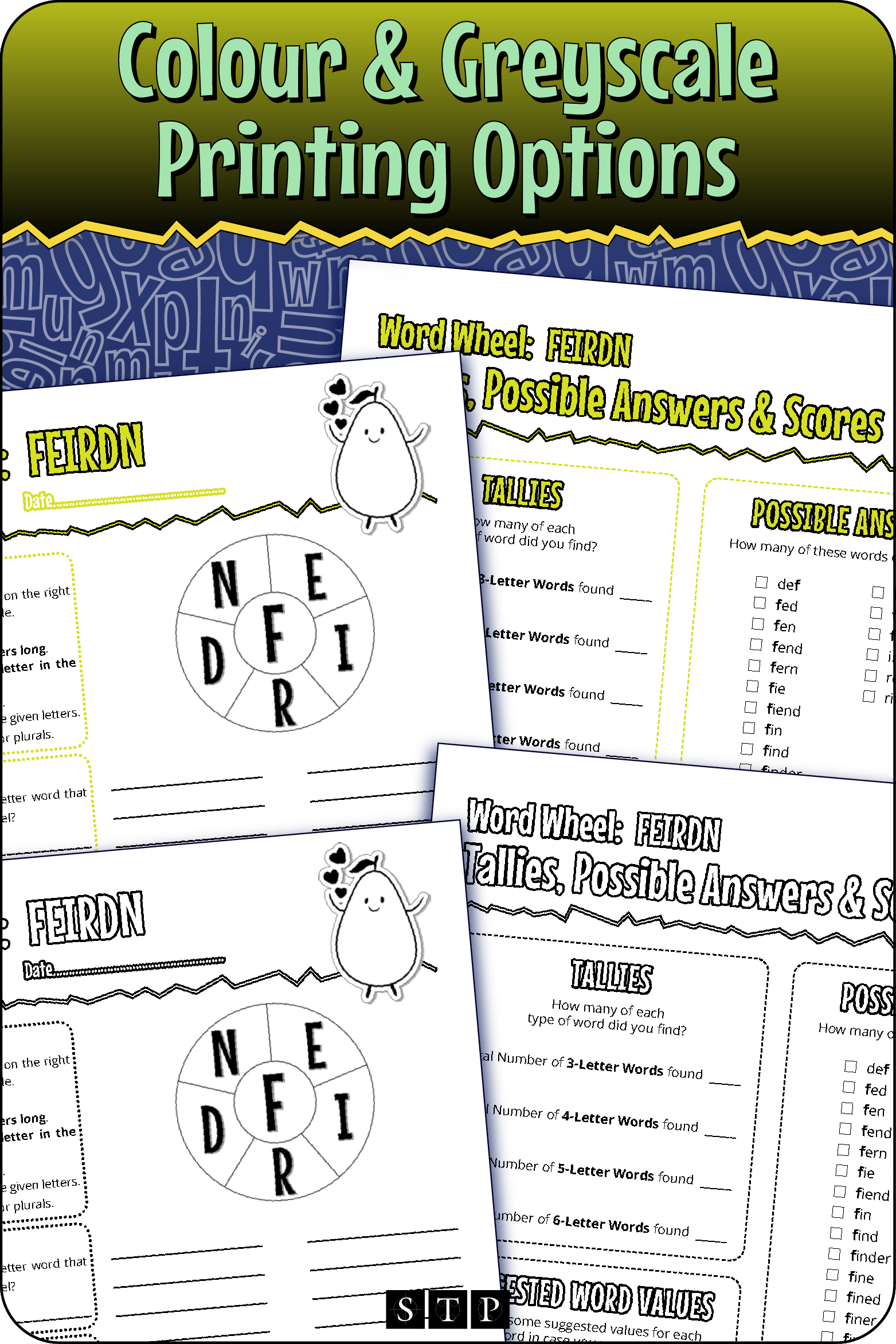 A 'look inside' preview showing the resource is available in both colour-accented and ink-friendly greyscale printing options.