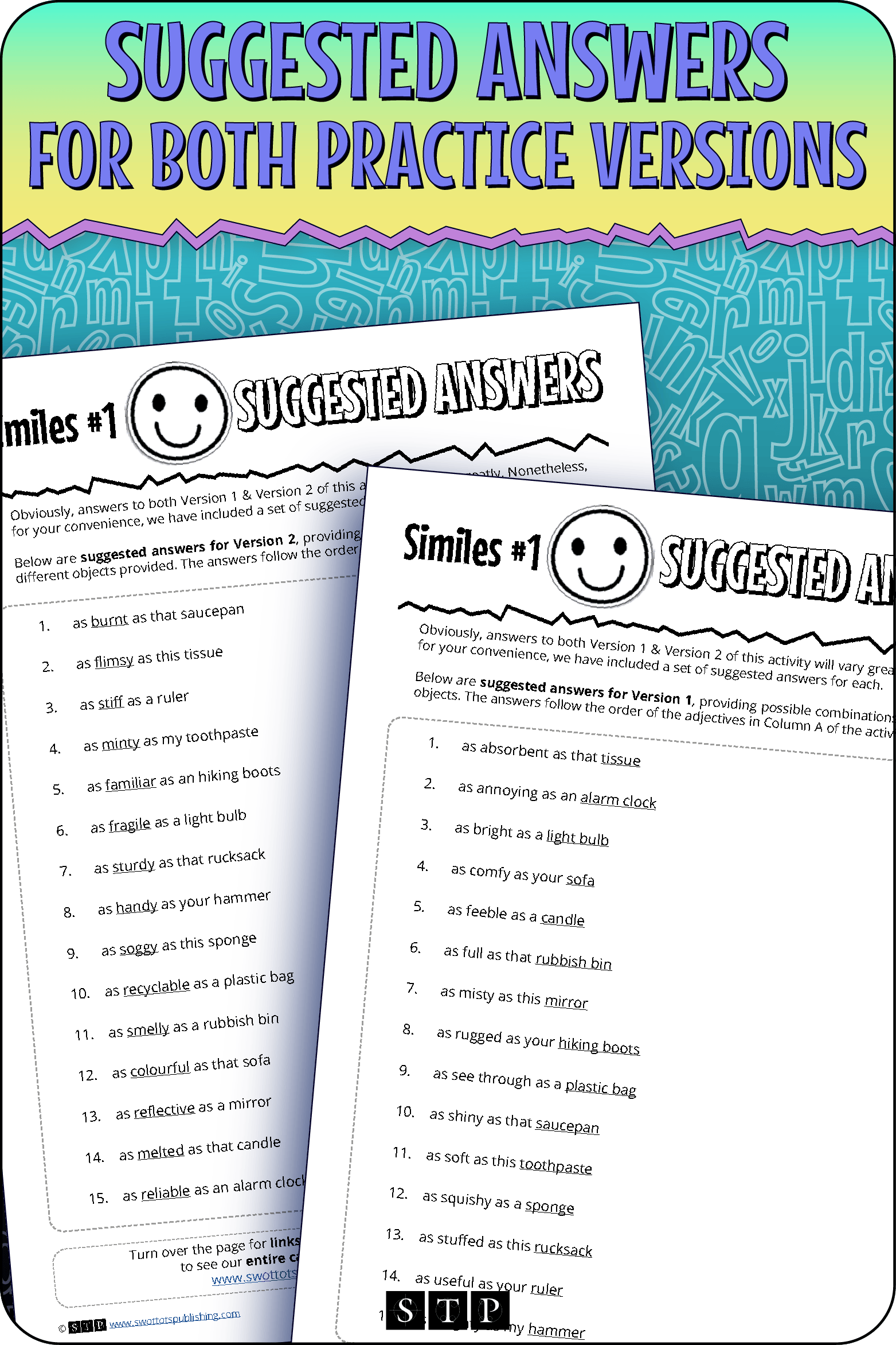 A 'look inside' preview showing the complete Similes #1 suggested answers for both practice versions.
