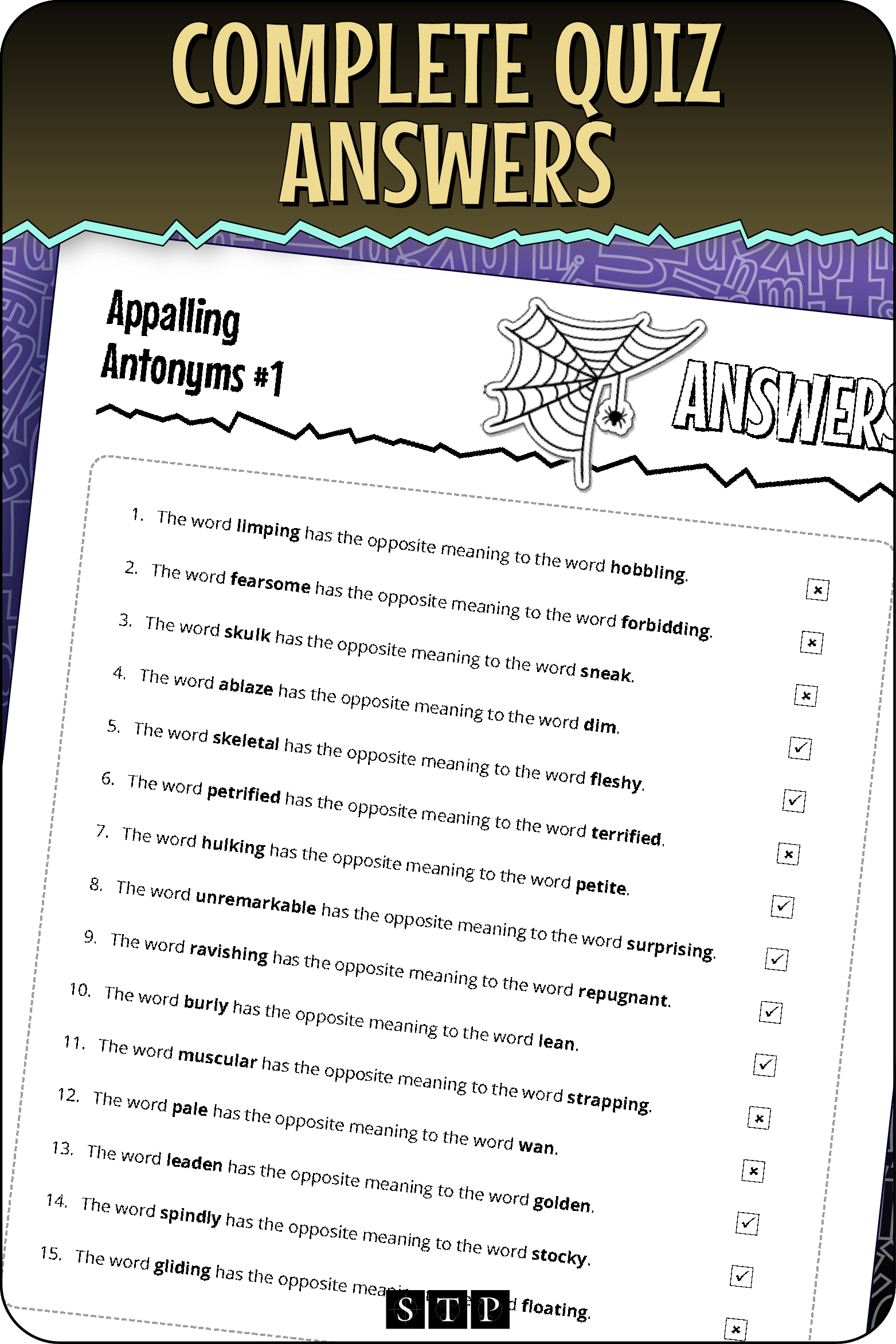 A 'look inside' preview showing the complete 'Appalling Antonyms #1' quiz answers.