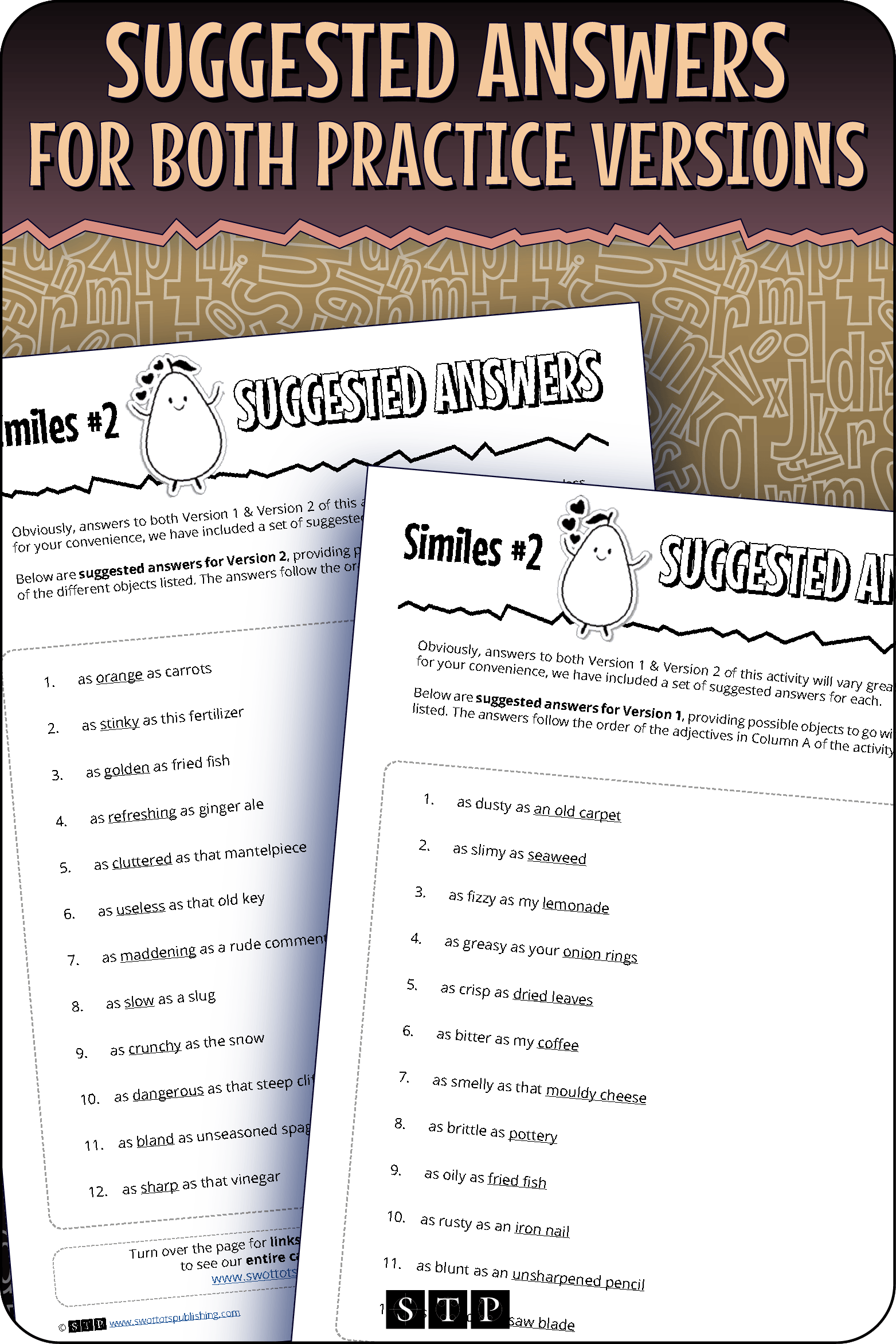 A 'look inside' preview showing the complete Similes #2 suggested answers for both practice versions.