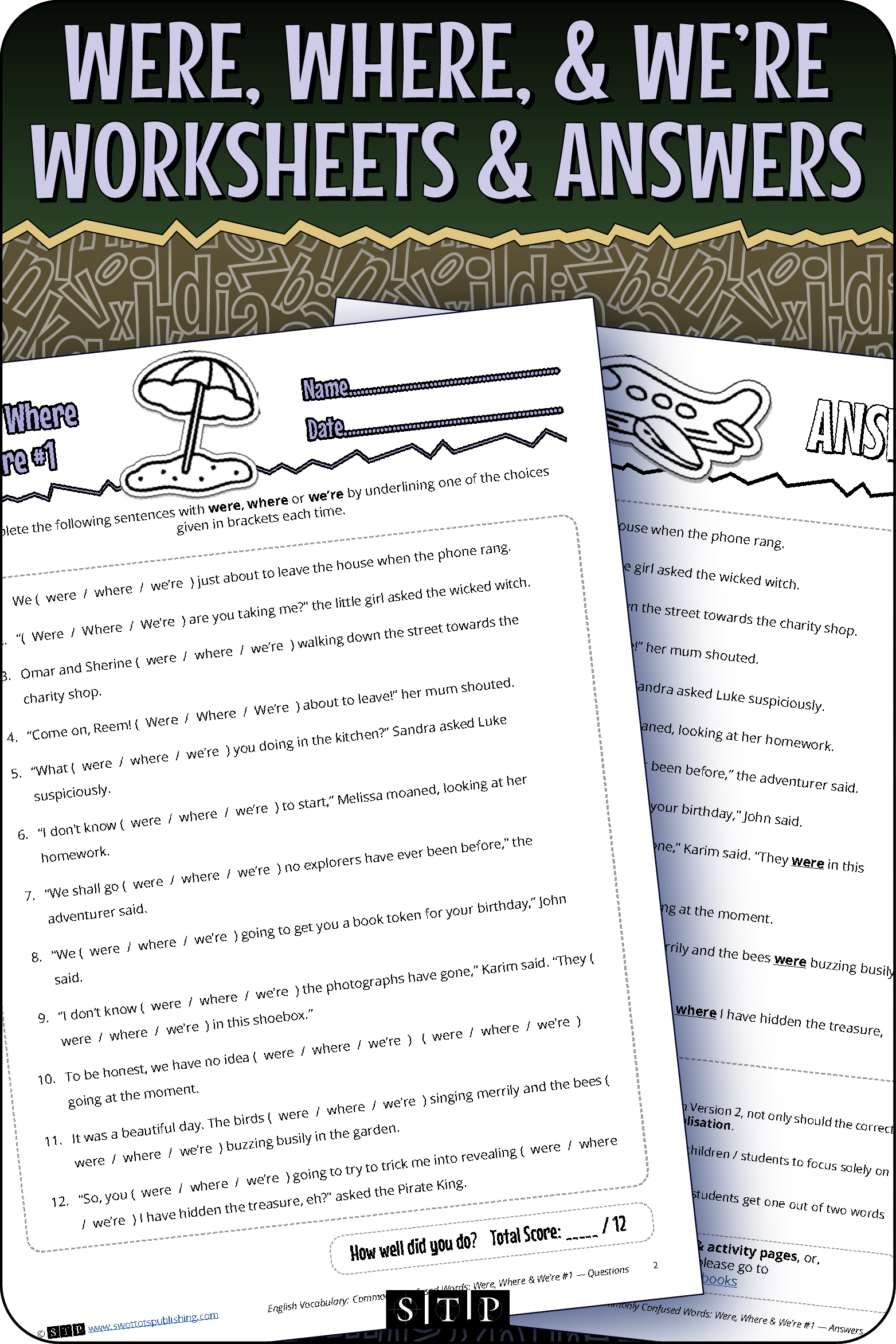 A mock-up of the 'Were, Where & We're #1' worksheets and answer key, a free grammar and vocabulary resource for download.