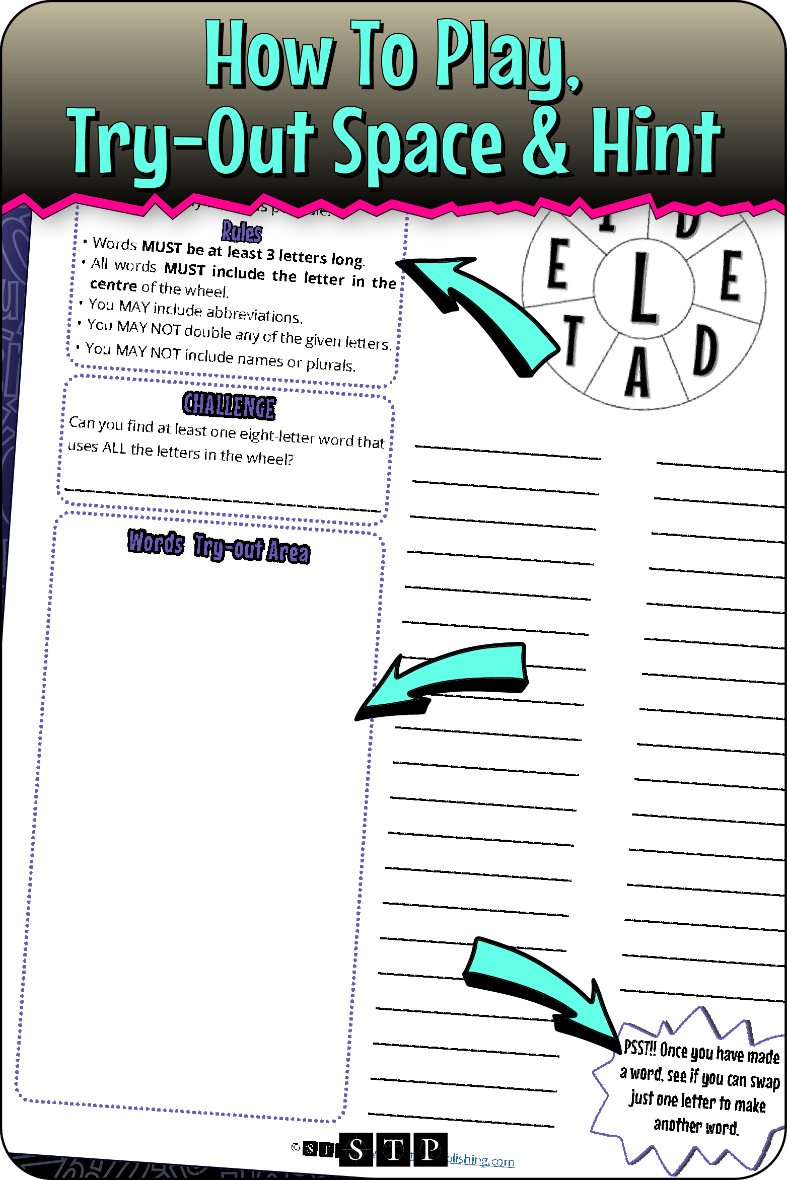 A 'look inside' preview highlighting the rules for the 'LDEDATEI' word wheel puzzle