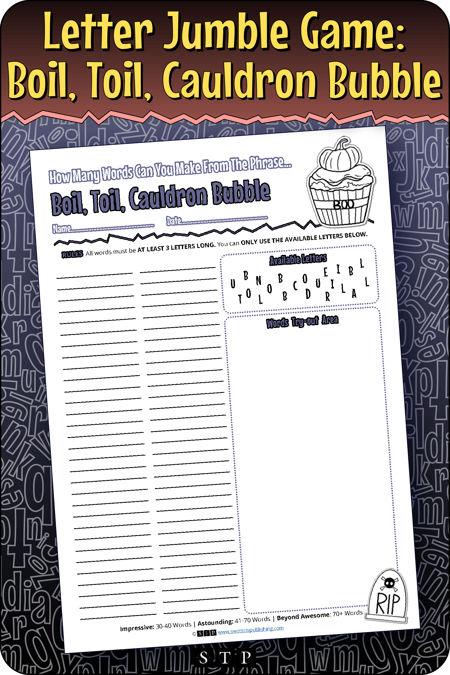 A mock-up of the 'Boil, Toil, Cauldron Bubble' (Version 3) letter jumble, a free word game for download.