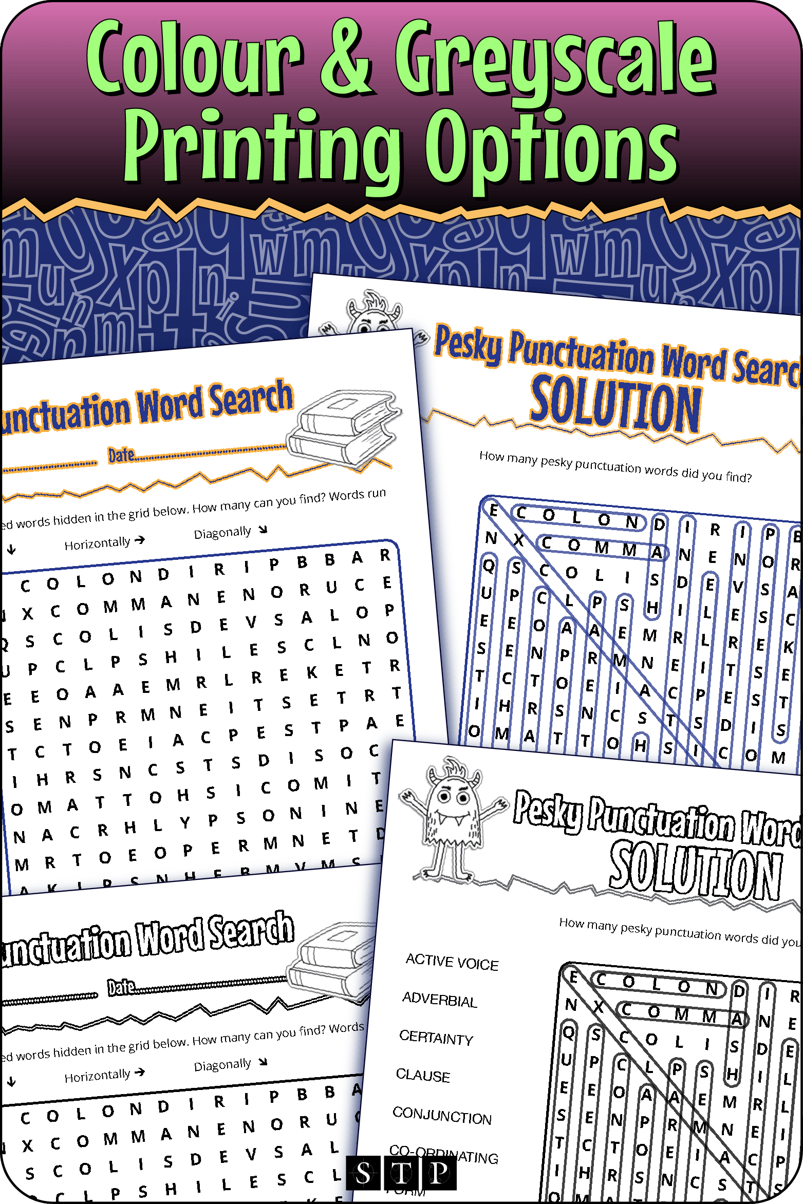 A 'look inside' preview showing the resource is available in both colour-accented and ink-friendly greyscale printing options.