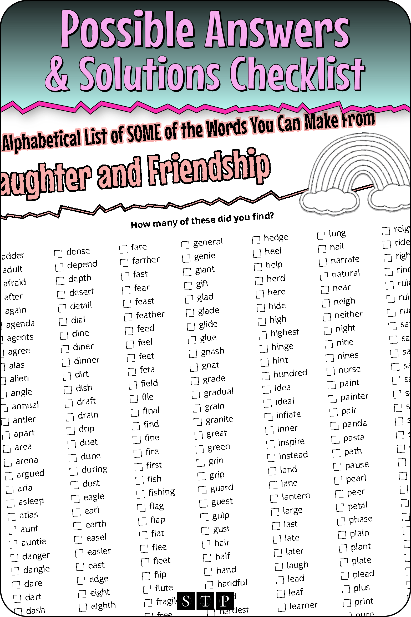 A 'look inside' preview showing a list of possible solutions for the 'Laughter & Friendship' (Version 1) letter jumble