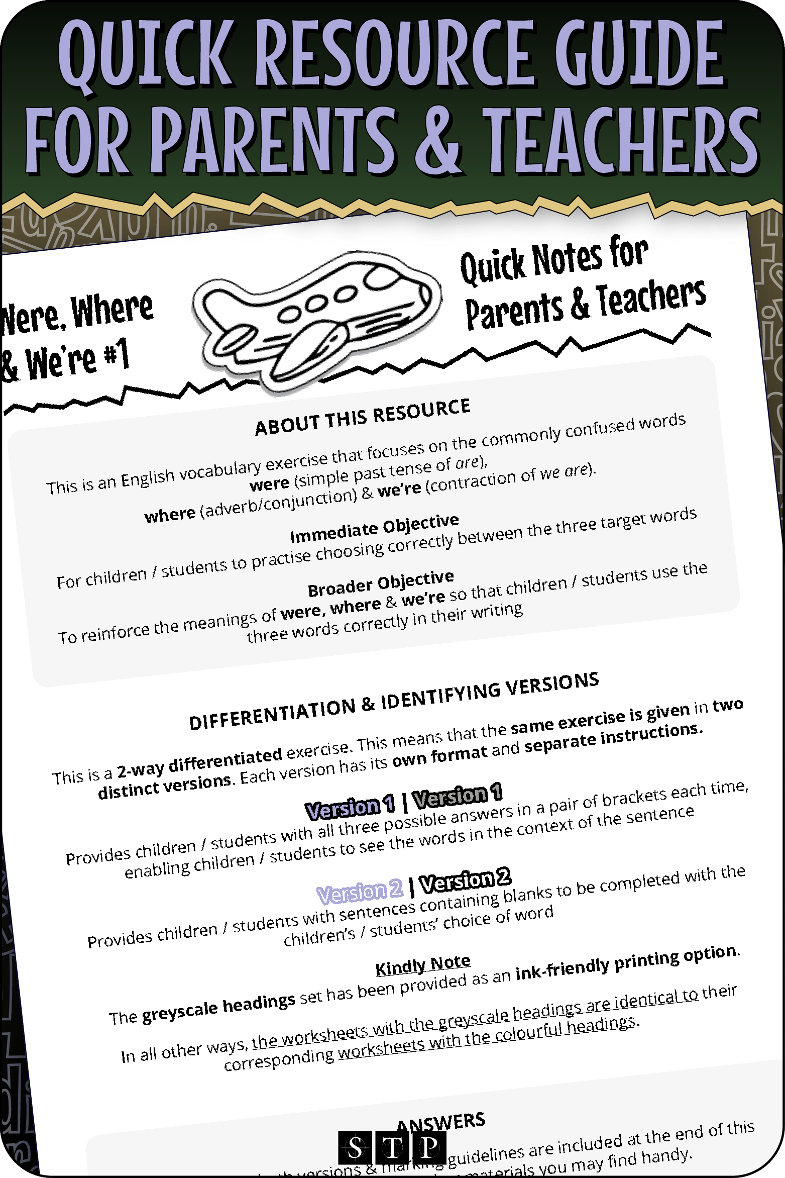 A 'look inside' preview highlighting the 'Quick Resource Guide for Parents & Teachers' included with the worksheets which explains the resource's learning objectives and differentiated versions.