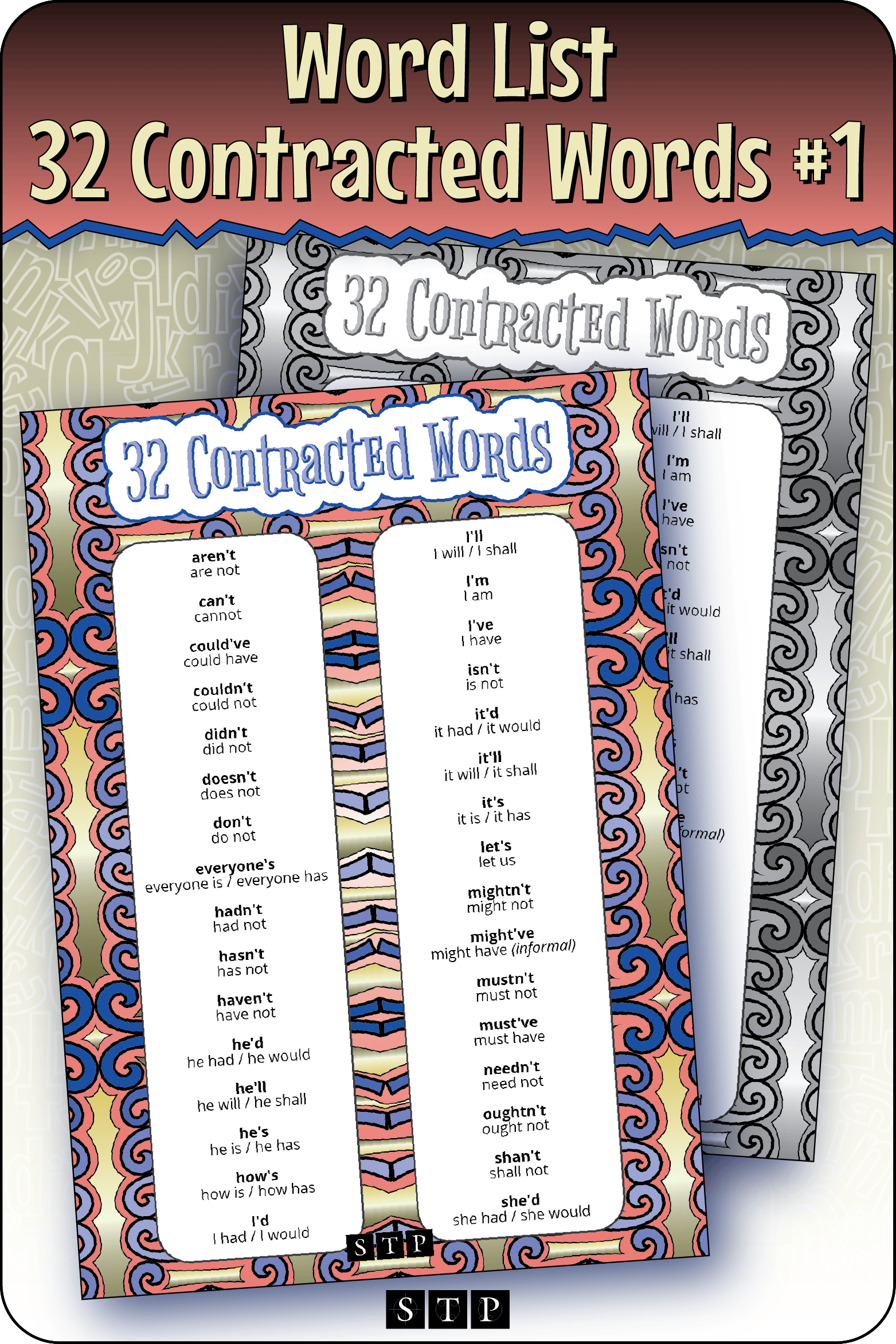 A mock-up of the '32 Contracted Words' words and expansions list, a free grammar, punctuation, and spelling resource for download for Years 5 & 6.