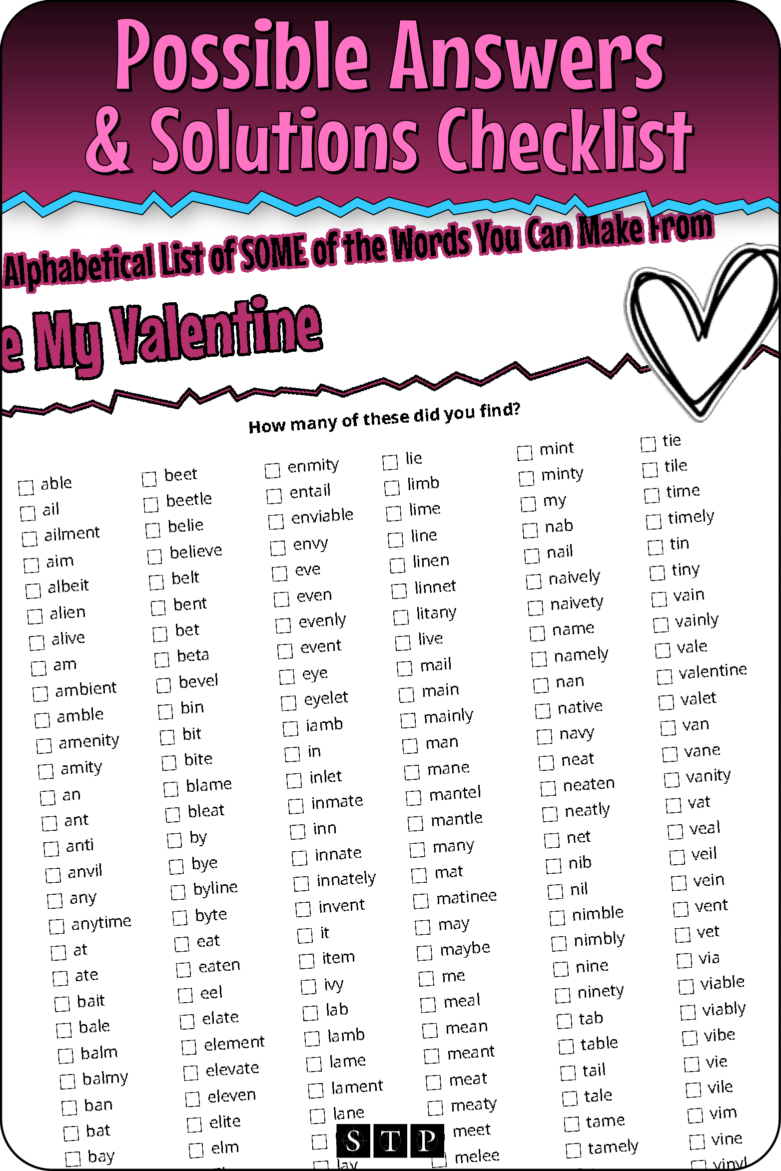 A 'look inside' preview showing a list of possible solutions for the 'Be My Valentine' letter jumble.