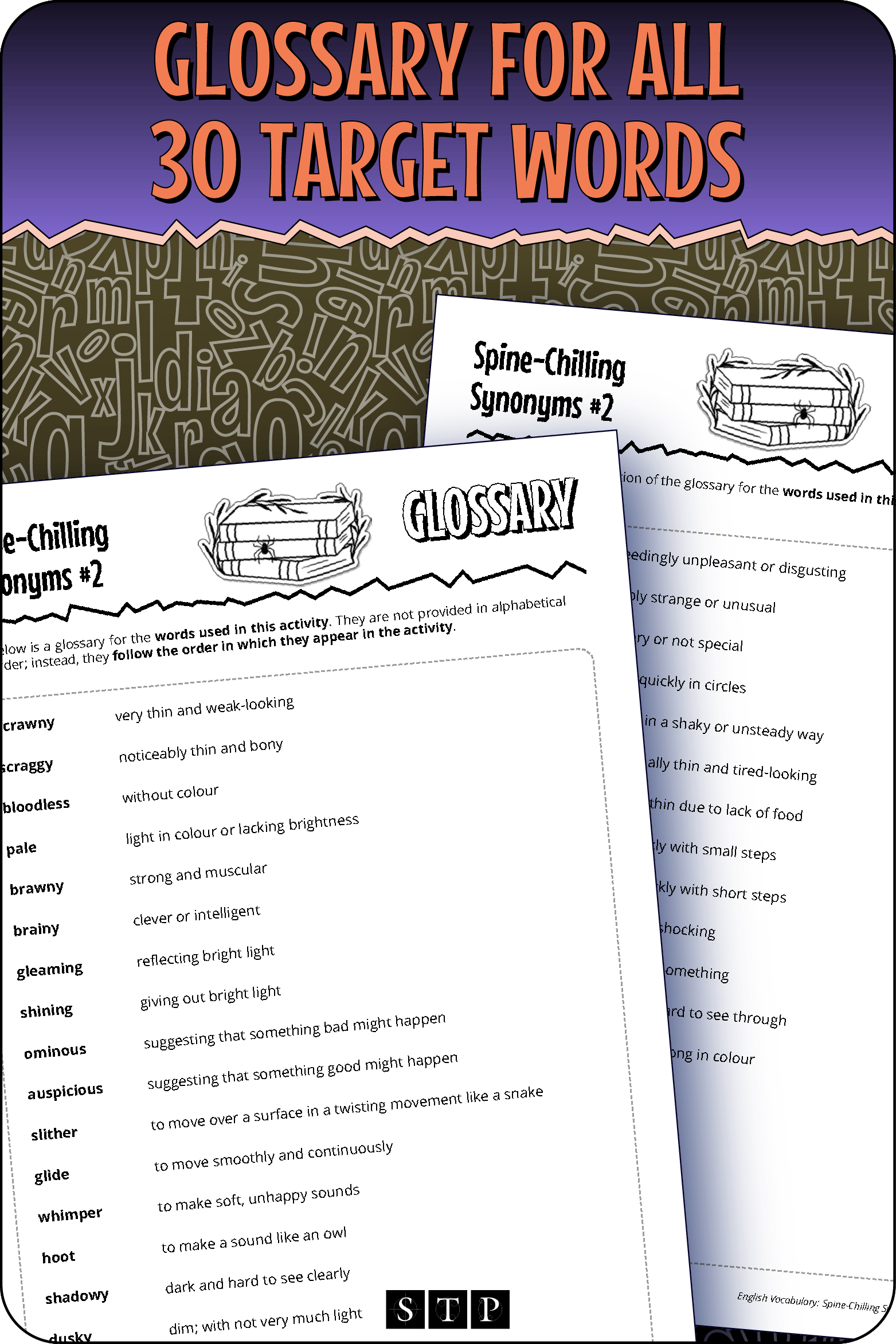 A 'look inside' preview showing the glossaries for the targeted words in the 'Spine-Chilling Synonyms #2' worksheets.