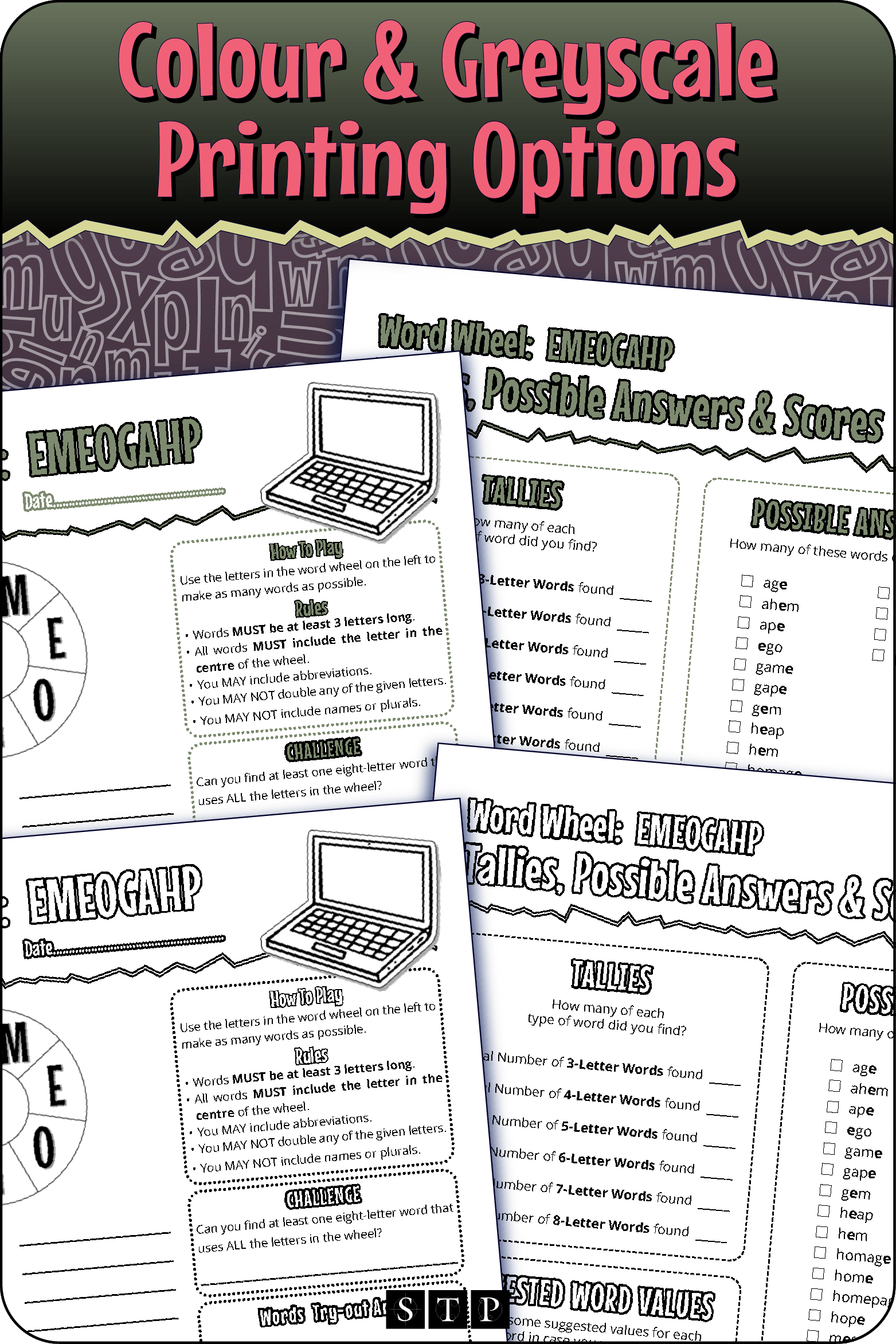A 'look inside' preview showing the resource is available in both colour-accented and ink-friendly greyscale printing options.