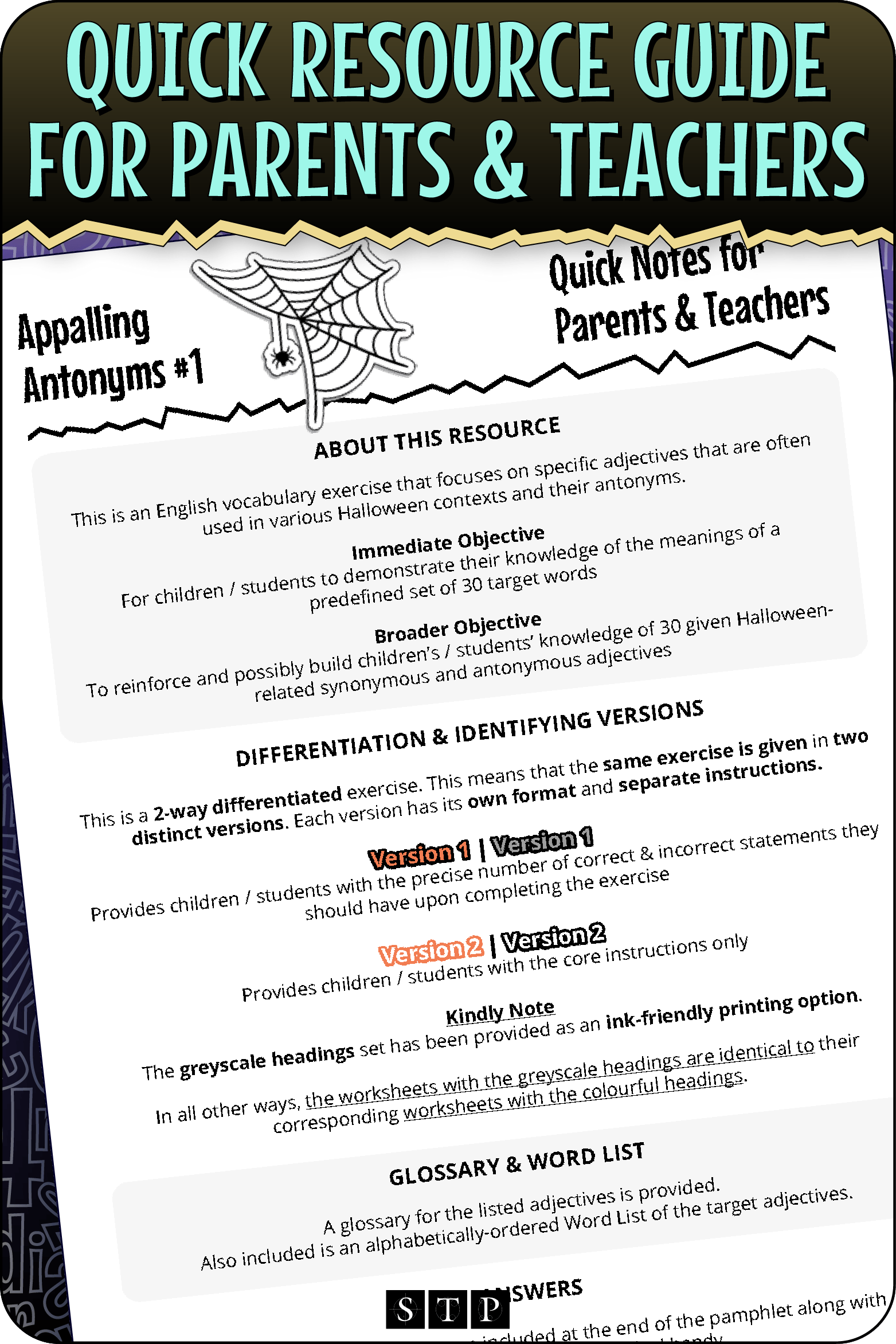 A 'look inside' preview highlighting the 'Quick Resource Guide for Parents & Teachers' included with the worksheets which explains the resource's learning objectives and differentiated versions.