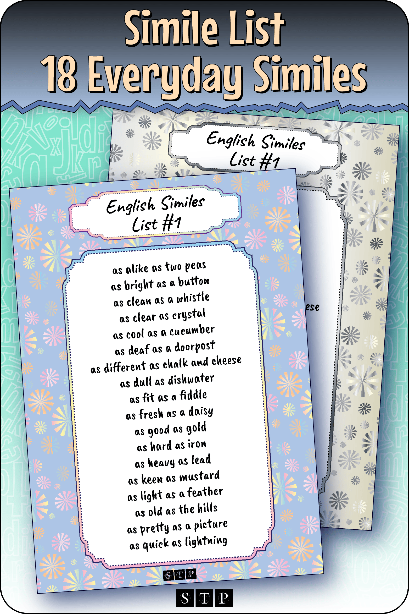 A mock-up of the 'English Similes List #1', a free vocabulary resource for download for Years 5 & 6.