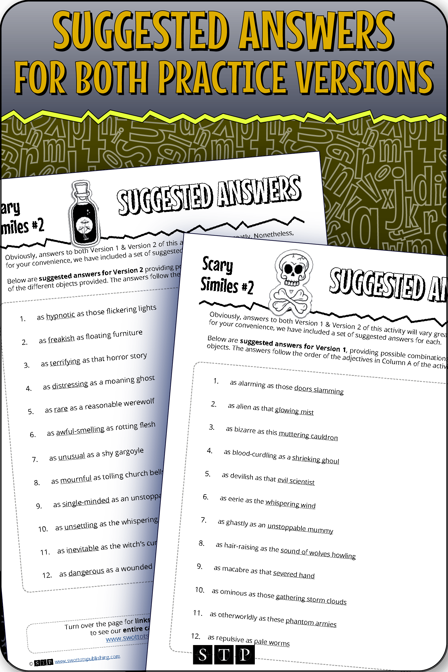 A 'look inside' preview showing the complete Scary Similes #2 suggested answers for both practice versions.