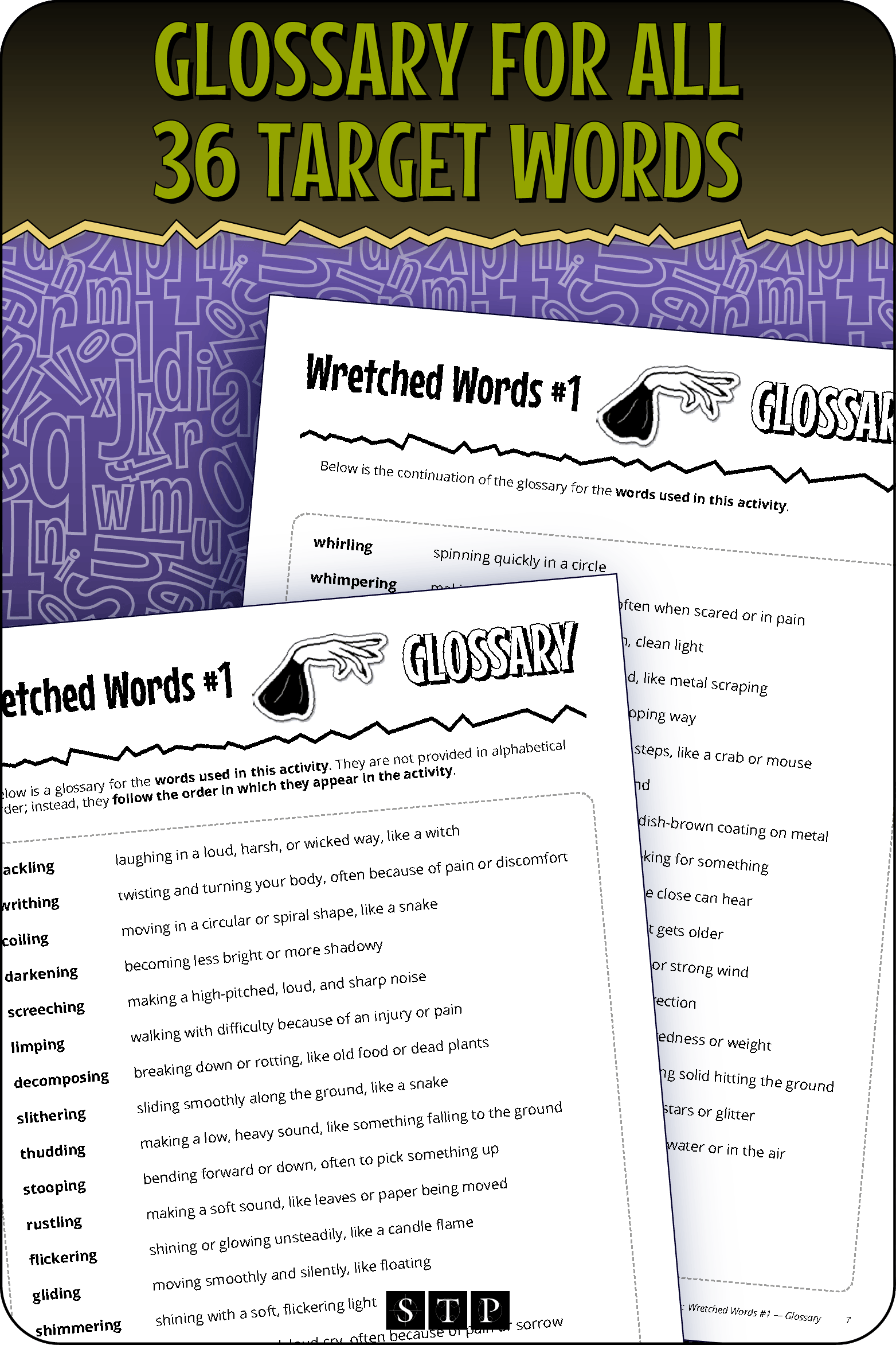 A 'look inside' preview showing the glossaries for the targeted words in the 'Wretched Words #1' activity.
