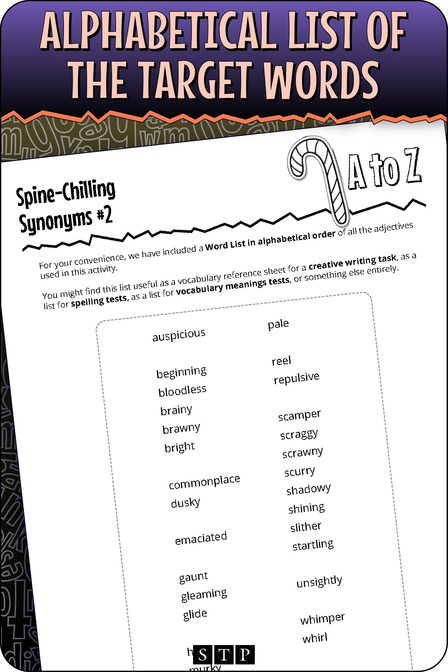 A 'look inside' preview showing the alphabetical list of target words used in the 'Spine-Chilling Synonyms #2' worksheets.