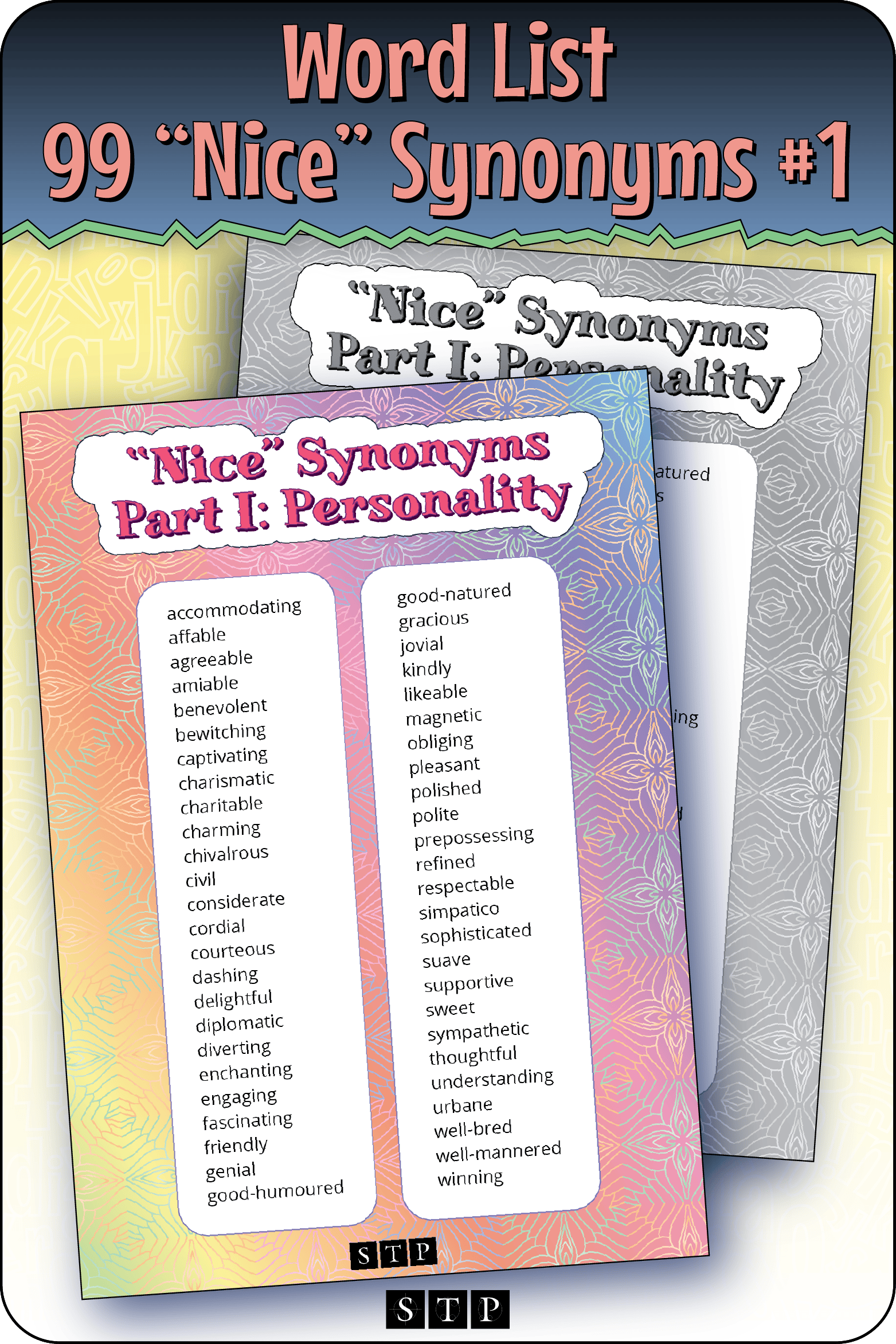 A mock-up of the 'Nice Synonyms Part I: Personality' word list, a free vocabulary and spelling resource for download for Years 6 & 7.