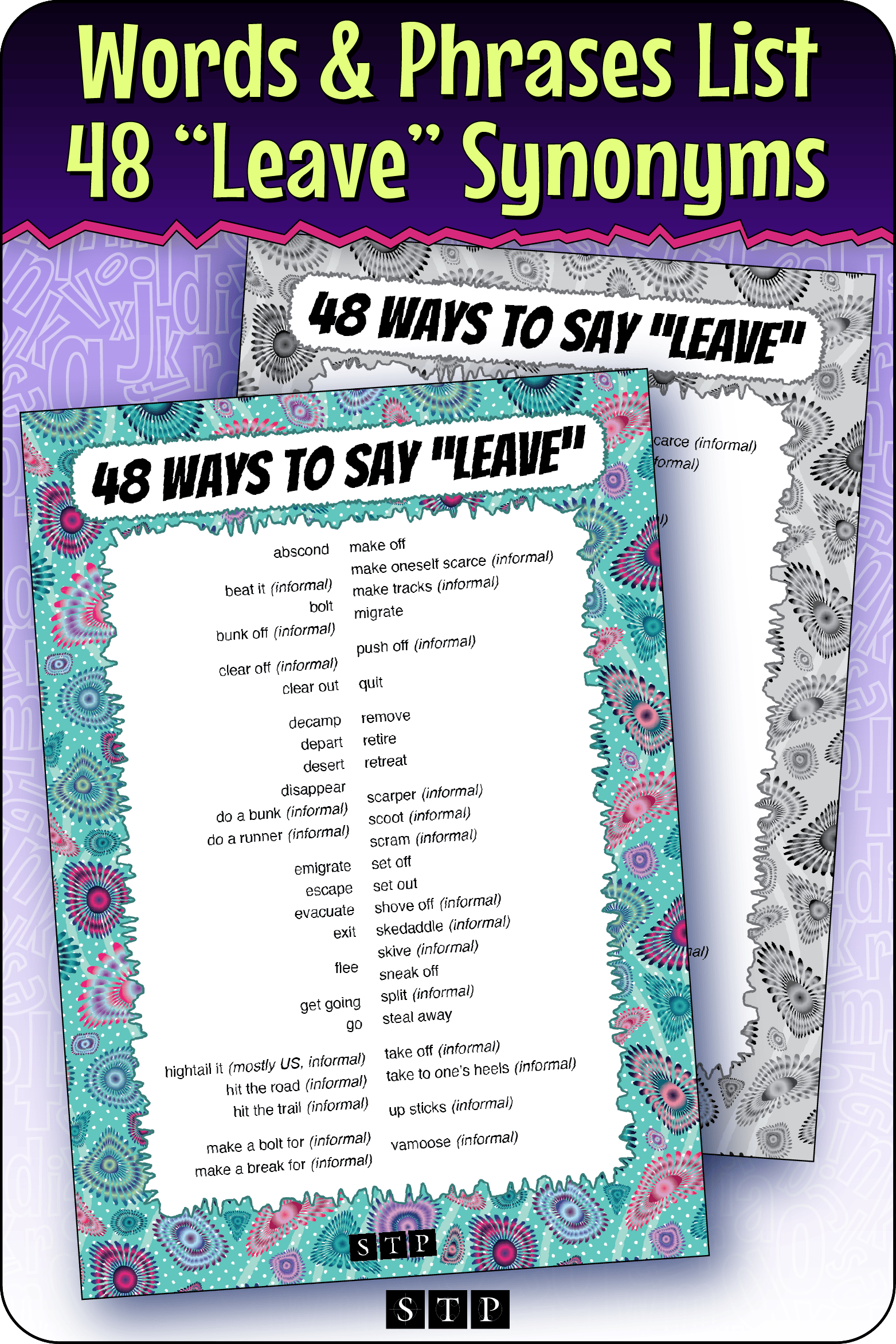 A mock-up of the '48 Ways to Say Leave' words and phrases list, a free vocabulary resource for download for Years 6 & 7.