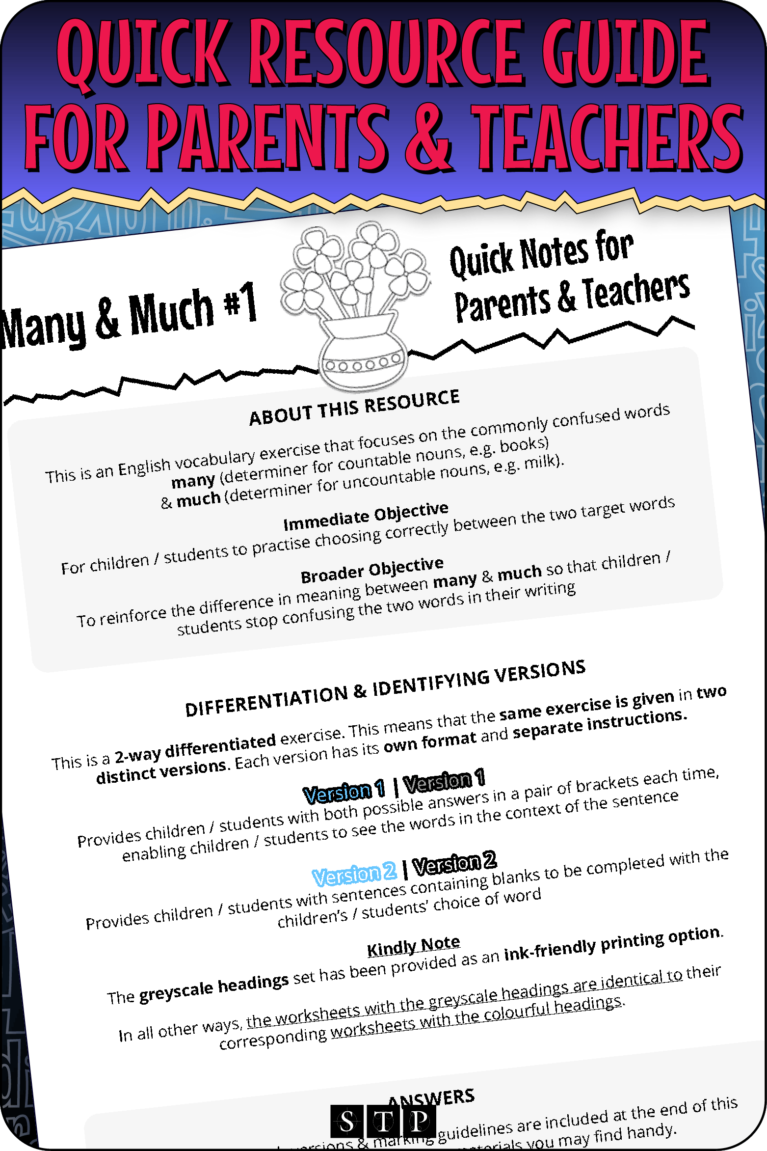 A 'look inside' preview highlighting the 'Quick Resource Guide for Parents & Teachers' included with the worksheets which explains the resource's learning objectives and differentiated versions.