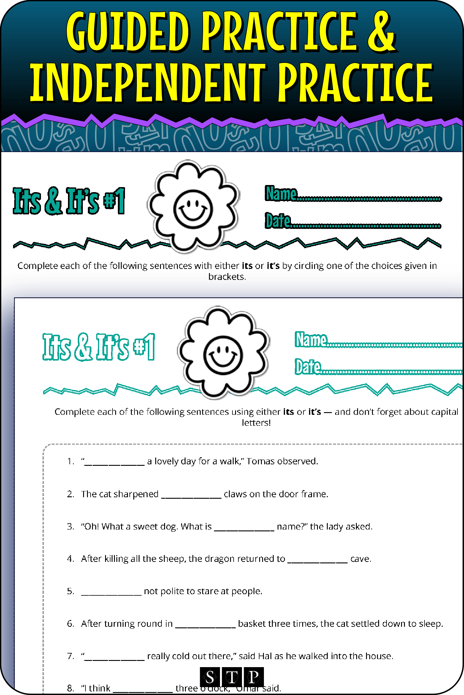 A 'look inside' preview showing the two differentiated worksheets: Version 1 (Guided Practice) with hints and Version 2 (Independent Practice).