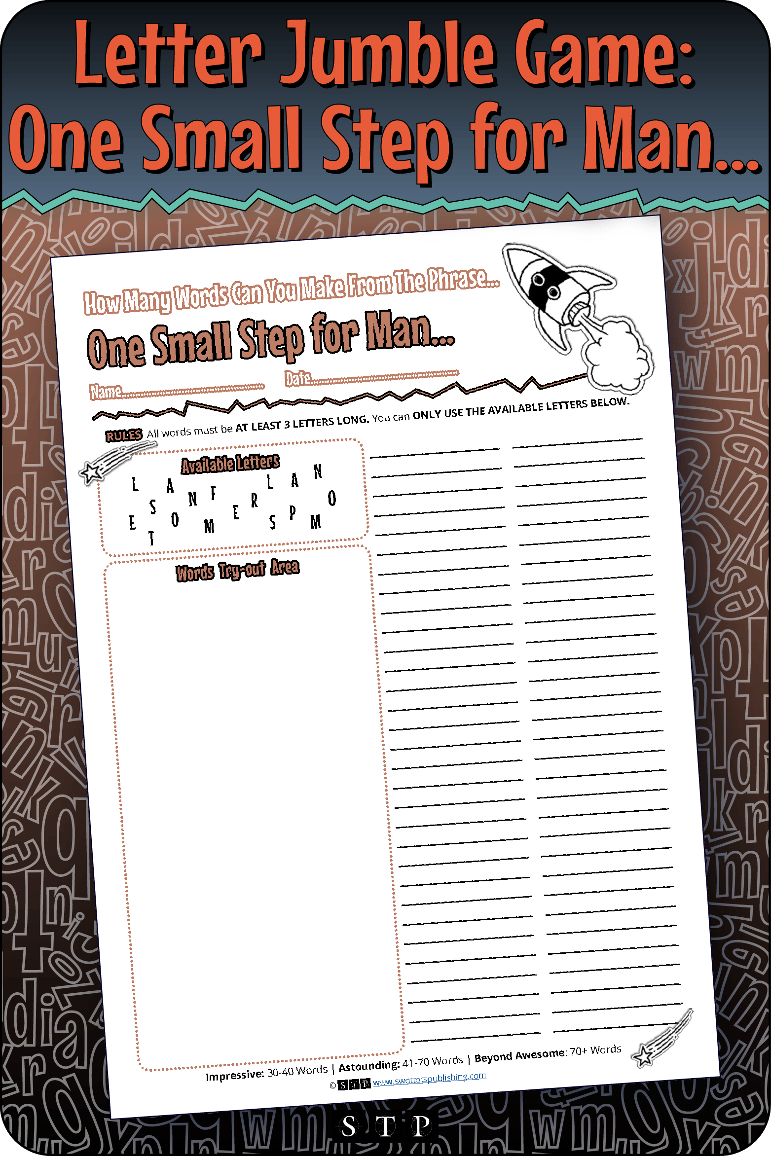 A mock-up of the 'One Small Step for Man' (Version 2) letter jumble, a free word game for download.