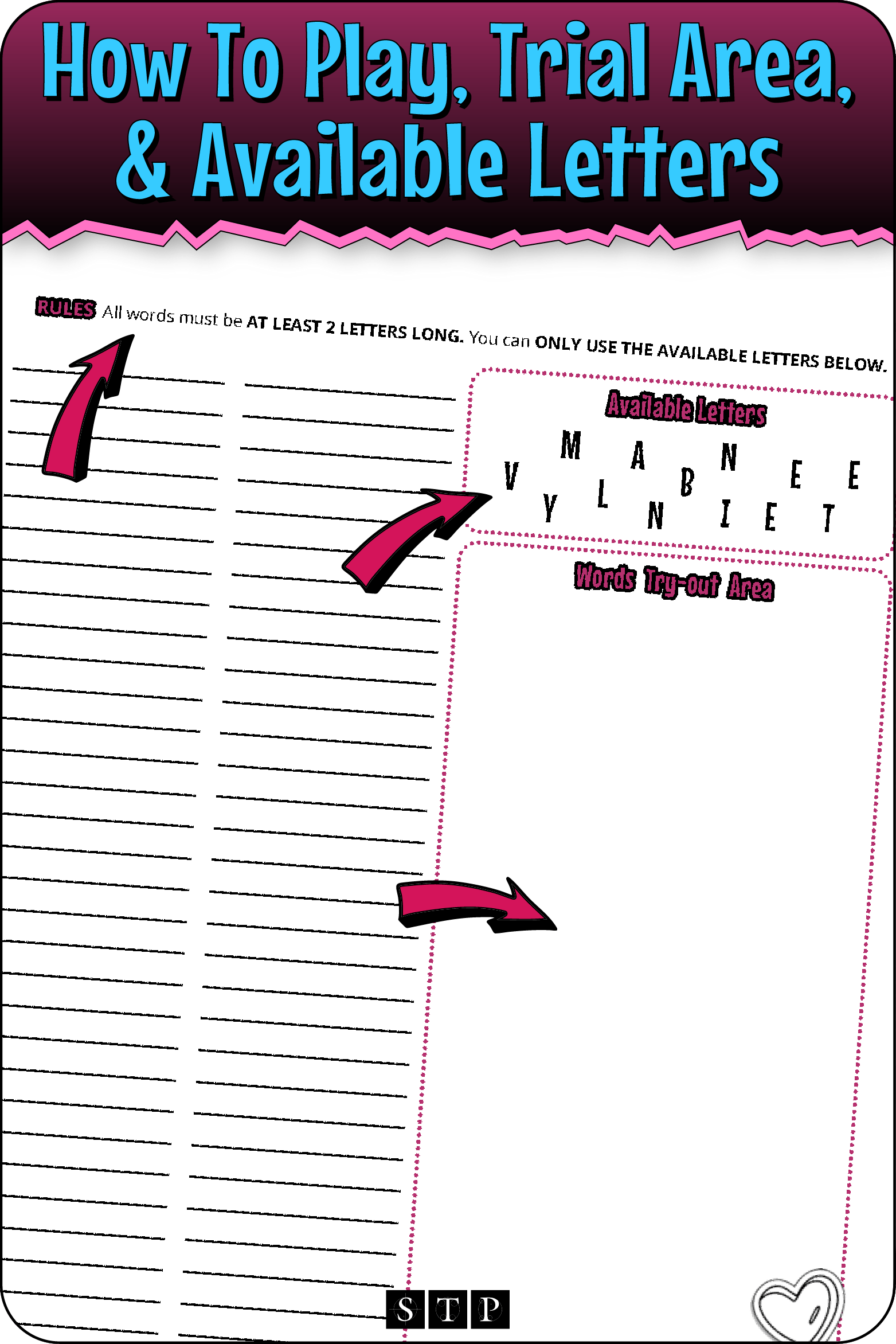 A 'look inside' preview highlighting the rules for the 'Be My Valentine' letter jumble.