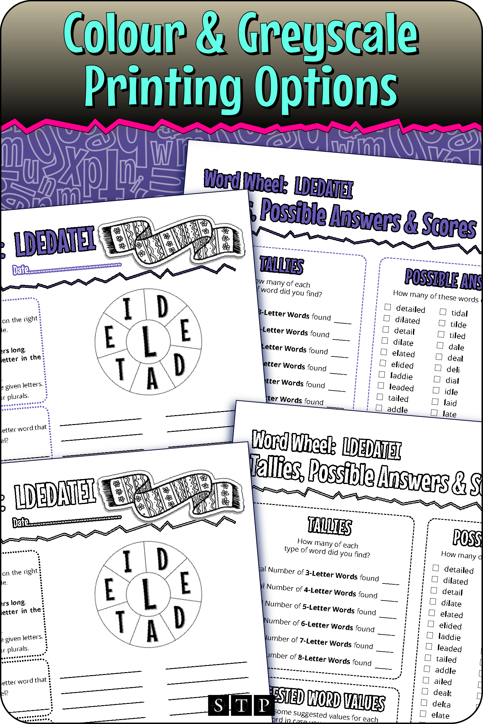 A 'look inside' preview showing the resource is available in both colour-accented and ink-friendly greyscale printing options.