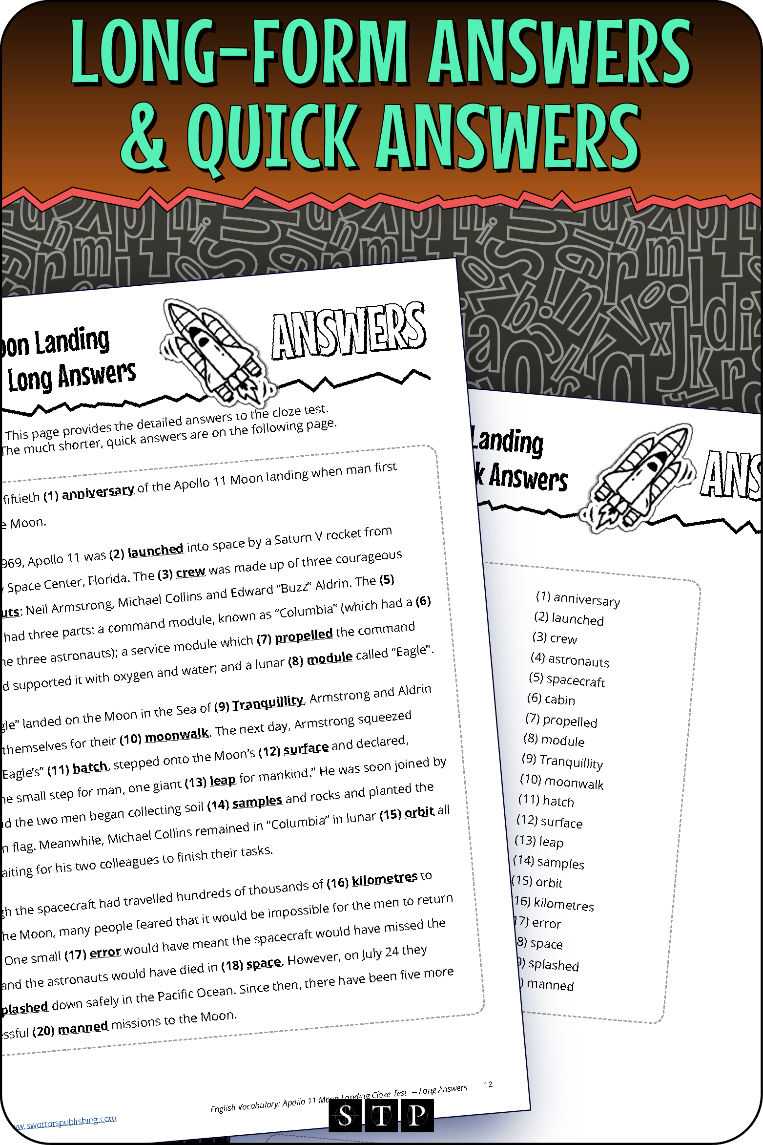 A 'look inside' preview showing the complete Apollo 11 Moon Landing Cloze Test long-form and quick answers.