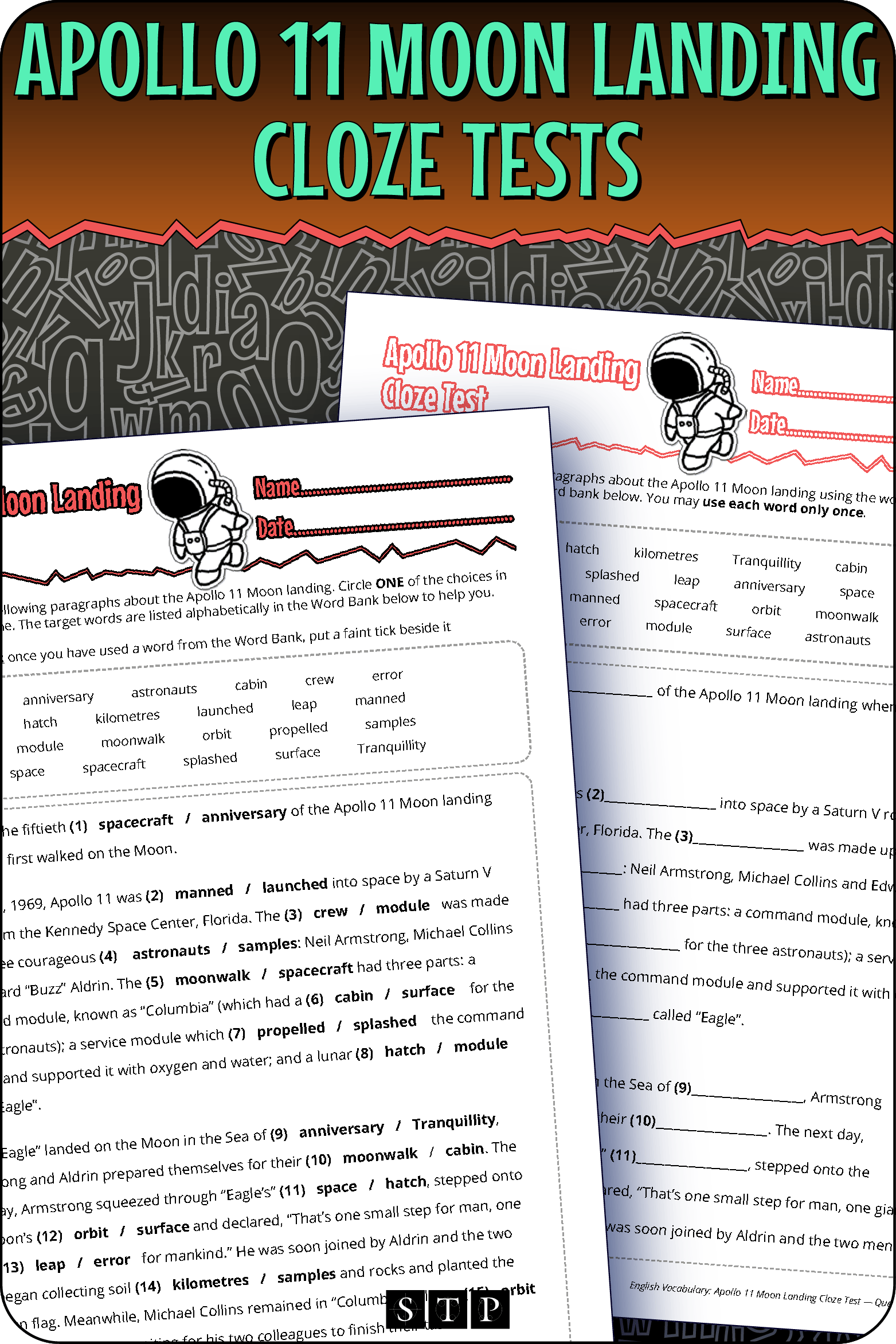 A mock-up of the 'Apollo 11 Moon Landing Cloze Tests' worksheets, a free vocabulary resource for download.