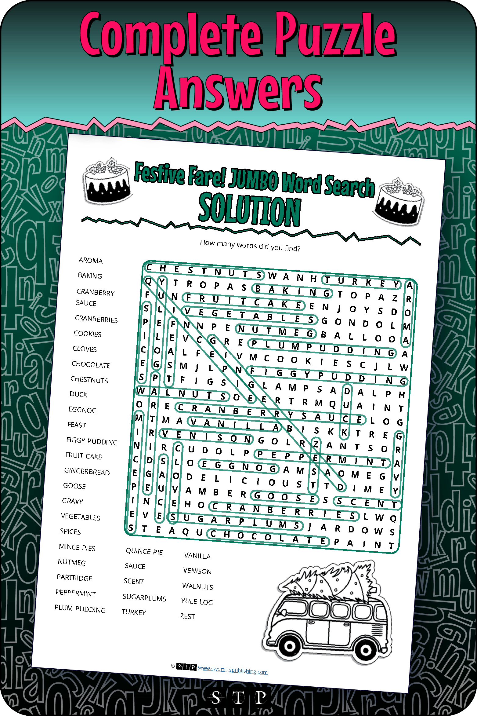 A 'look inside' preview showing the complete Festive Fare word search puzzle answers.