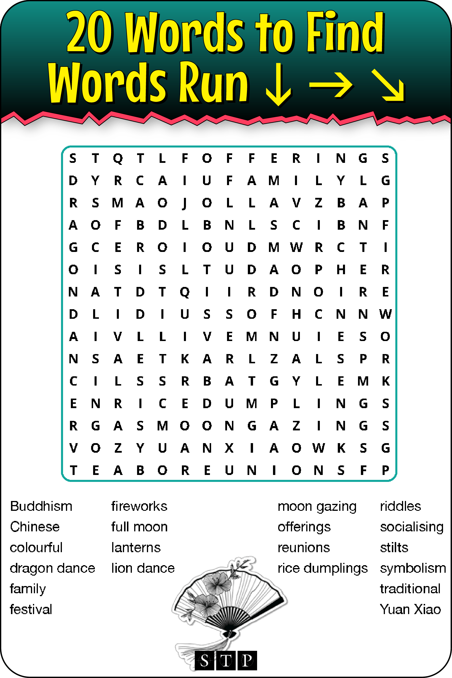 A 'look inside' preview showing the total number of words to find and the directions that the words take in the grid of the 'Festival of Lanterns' word search puzzle.