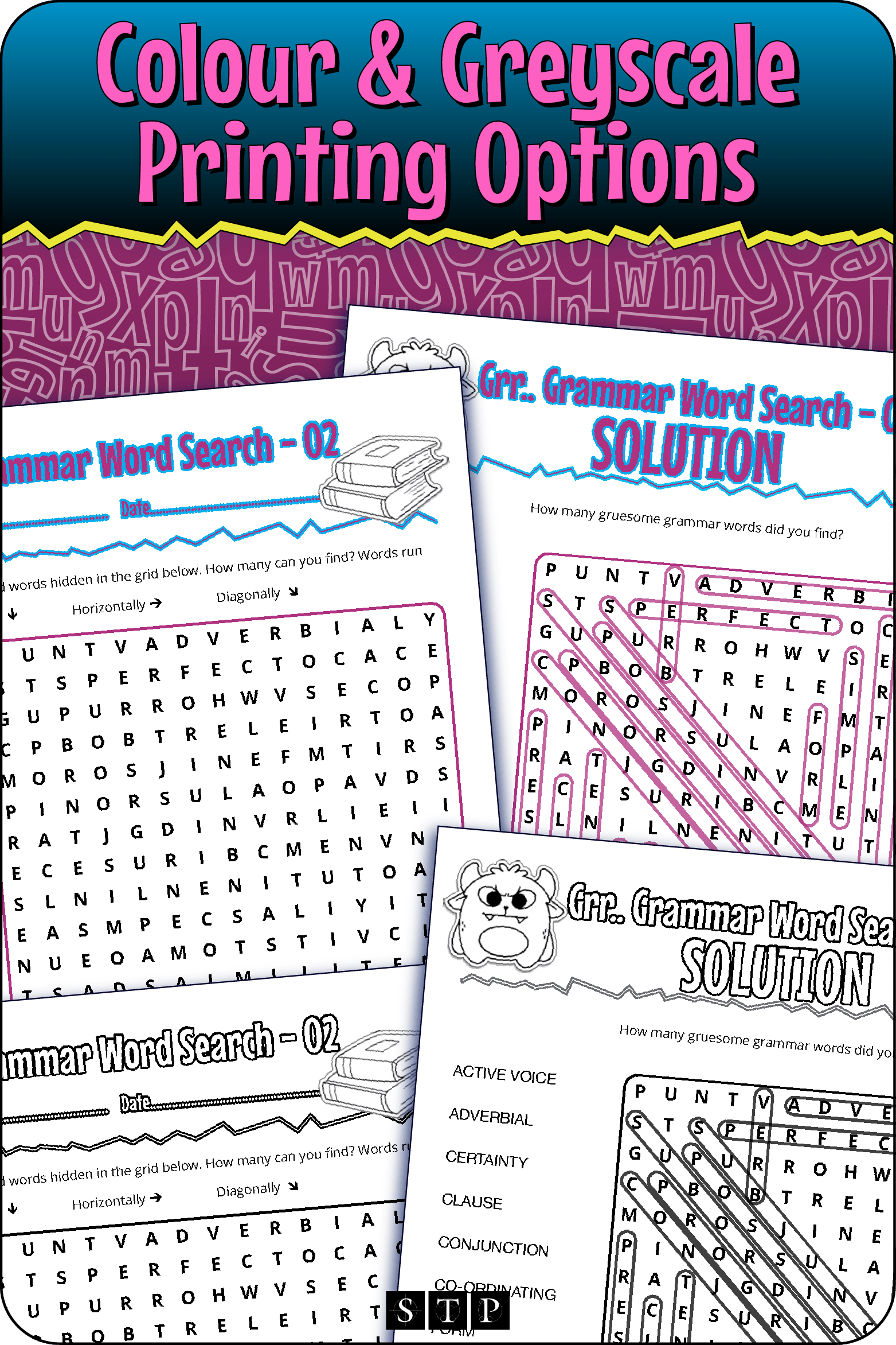 A 'look inside' preview showing the resource is available in both colour-accented and ink-friendly greyscale printing options.