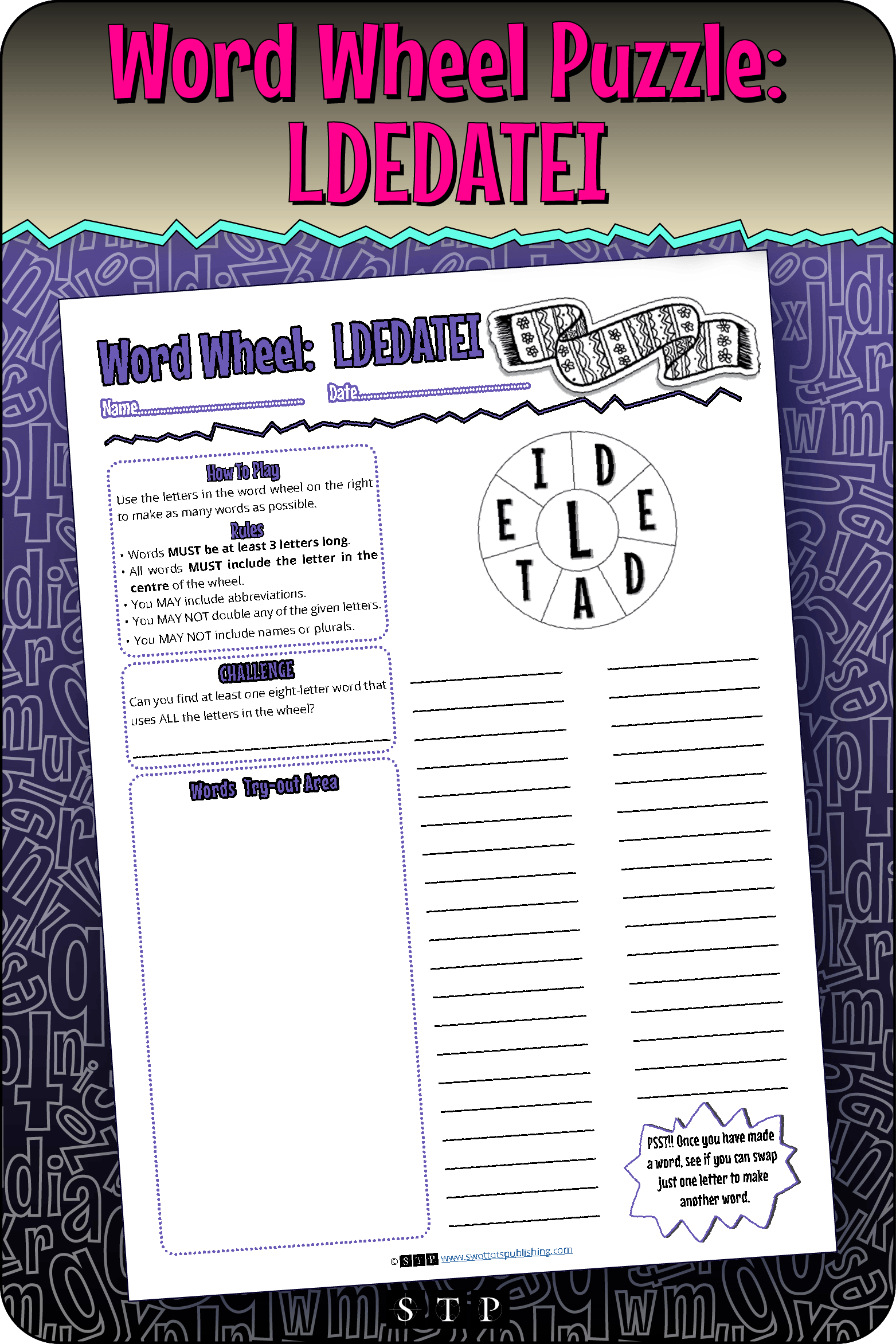 A mock-up of the 'LDEDATEI' word wheel puzzle, a free word game for download.