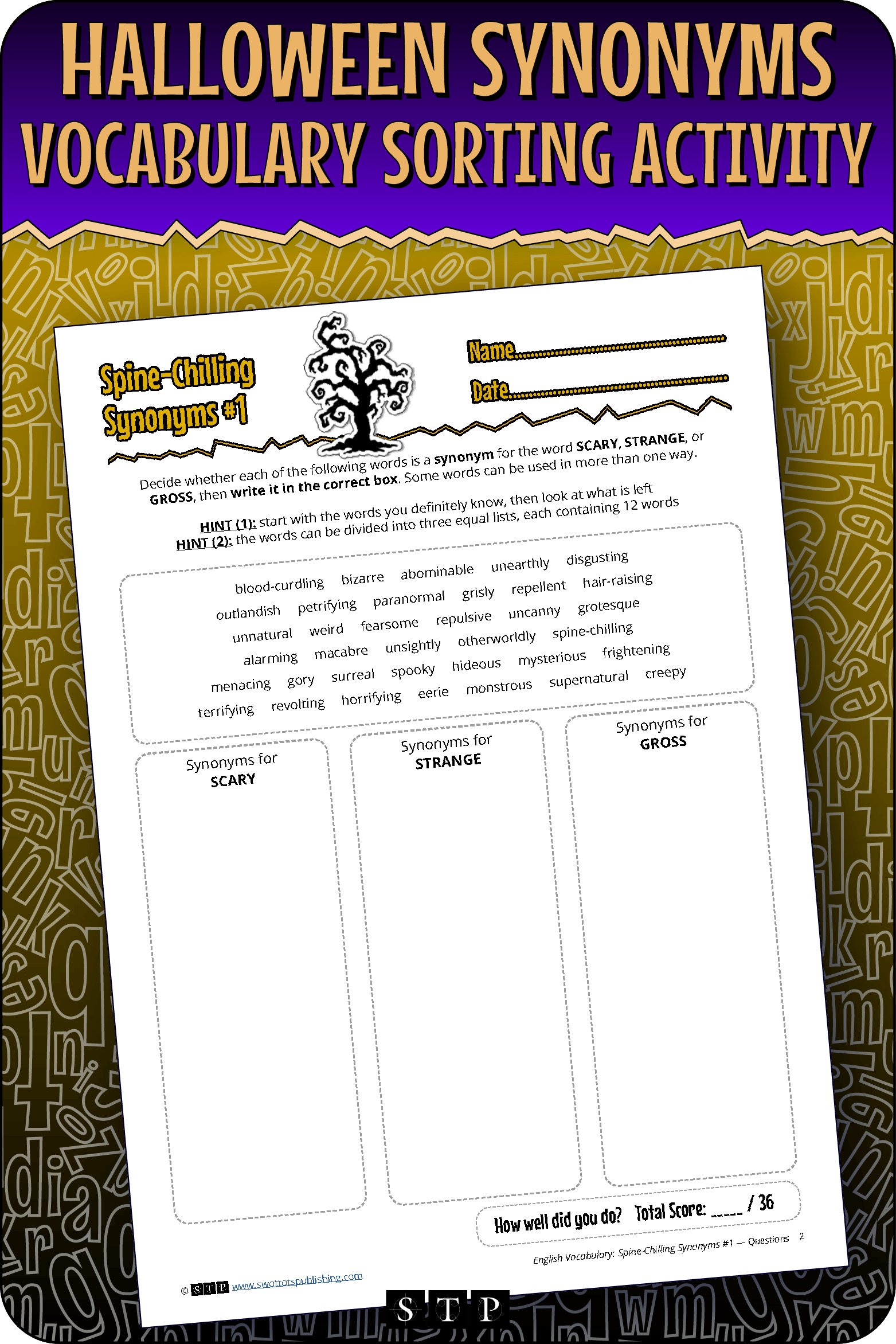 A mock-up of the 'Spine-Chilling Synonyms #1' sorting activity, a free vocabulary resource for download.