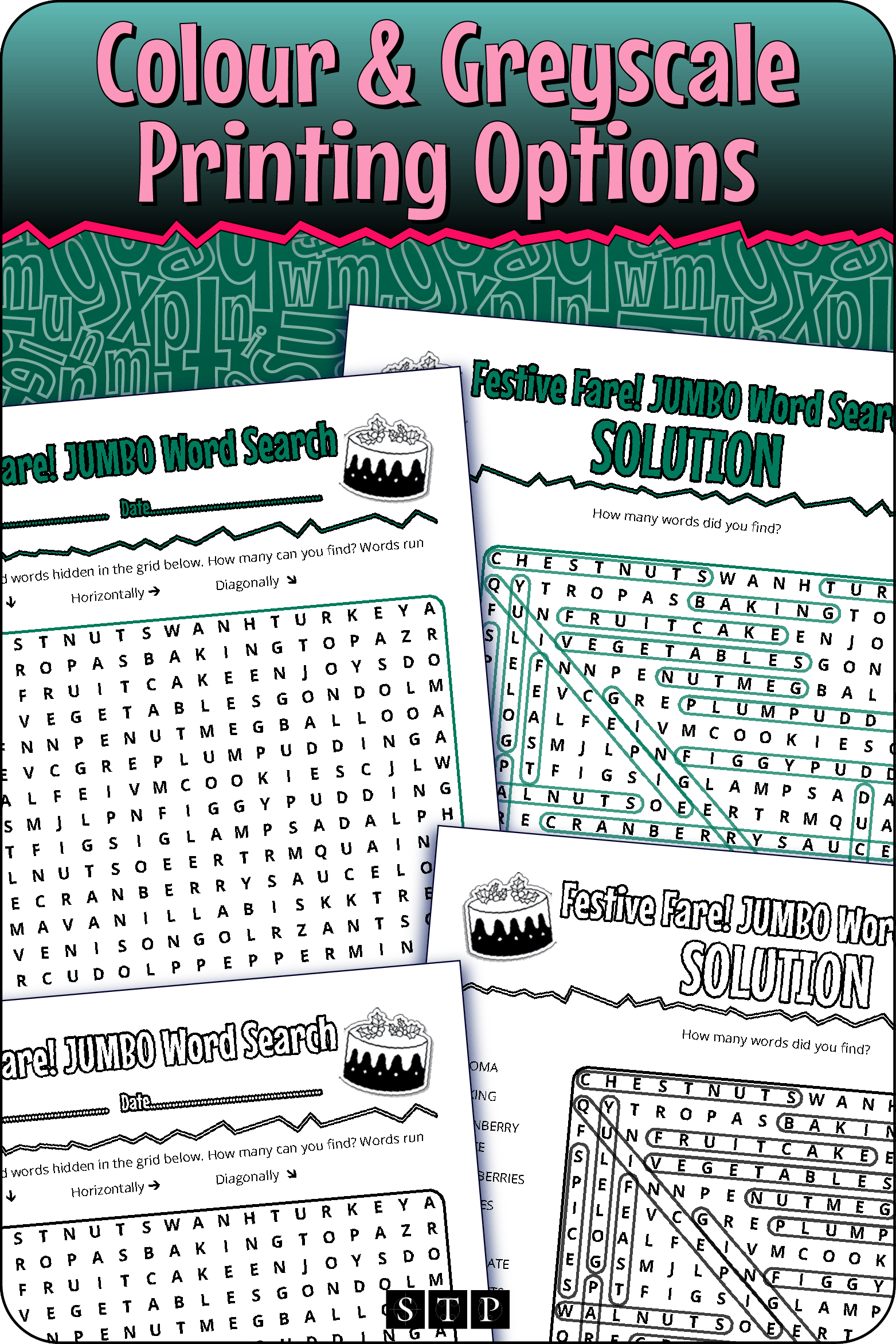 A 'look inside' preview showing the resource is available in both colour-accented and ink-friendly greyscale printing options.