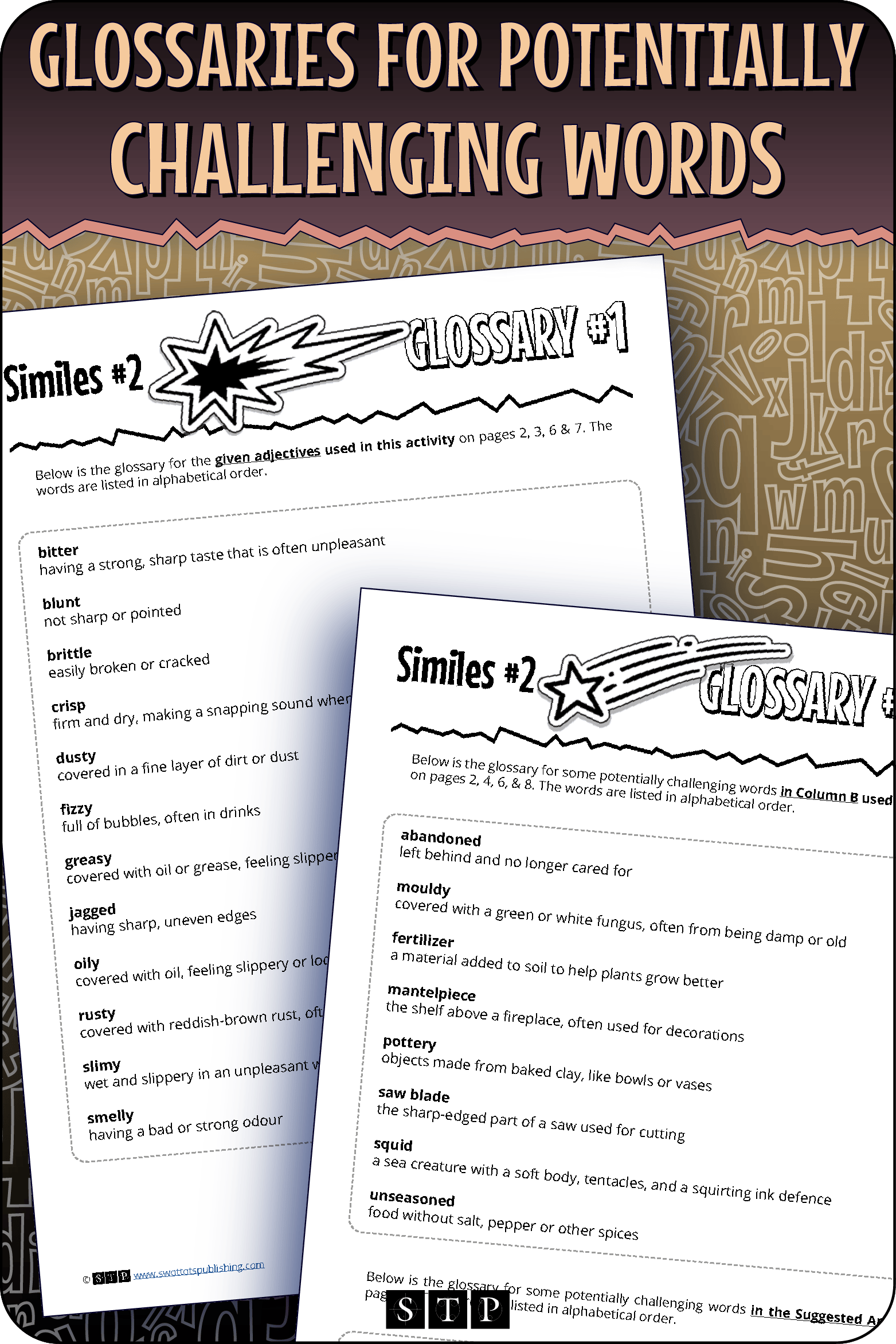A 'look inside' preview showing the glossaries for potentially challenging words in the 'Similes #2' activity.