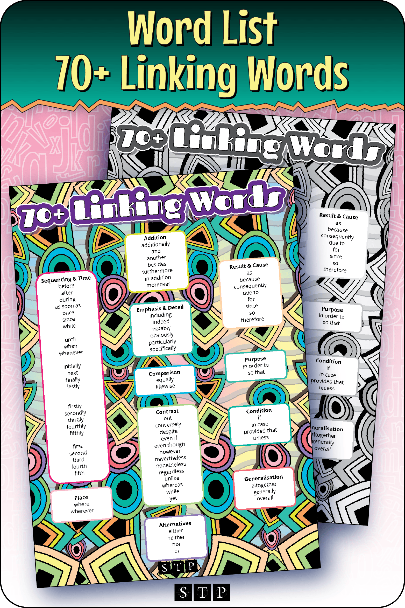 A mock-up of the '70 Plus Linking Words' word list, a free writing, vocabulary, and spelling resource for download for Years 6 & 7.