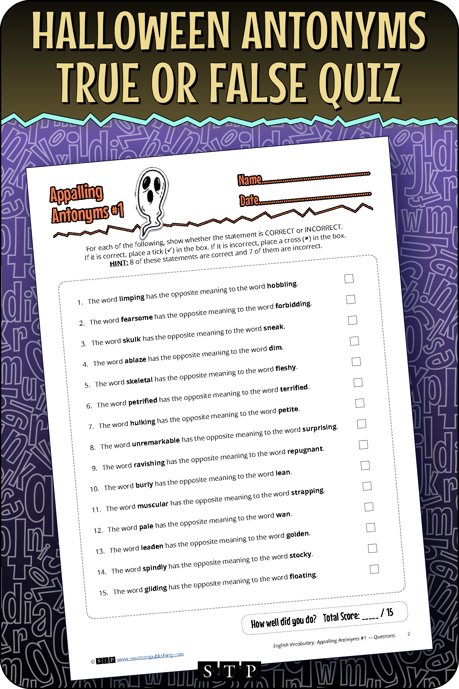 A mock-up of the 'Appalling Antonyms #1' true or false quiz, a free vocabulary resource for download.
