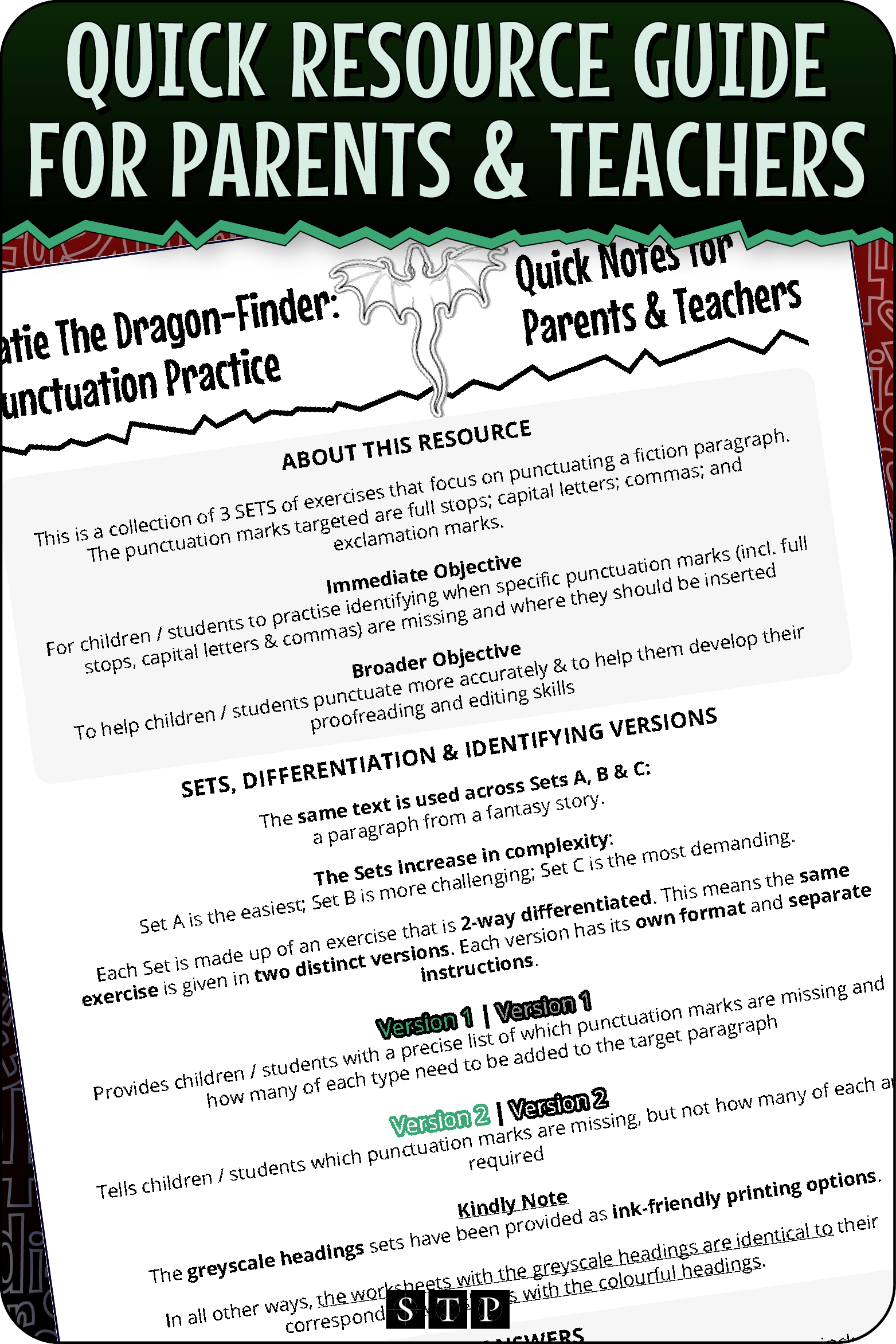 A 'look inside' preview highlighting the 'Quick Resource Guide for Parents & Teachers' included with the worksheets which explains the resource's learning objectives and differentiated versions.