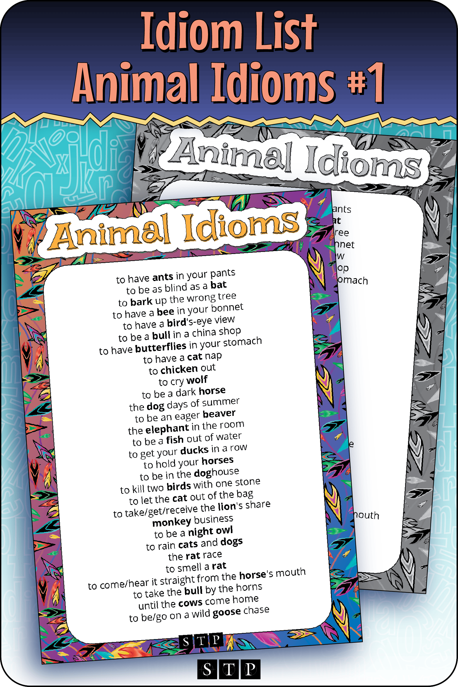 A mock-up of the 'Animal Idioms' phrase list, a free vocabulary resource for download for Years 5 & 6.